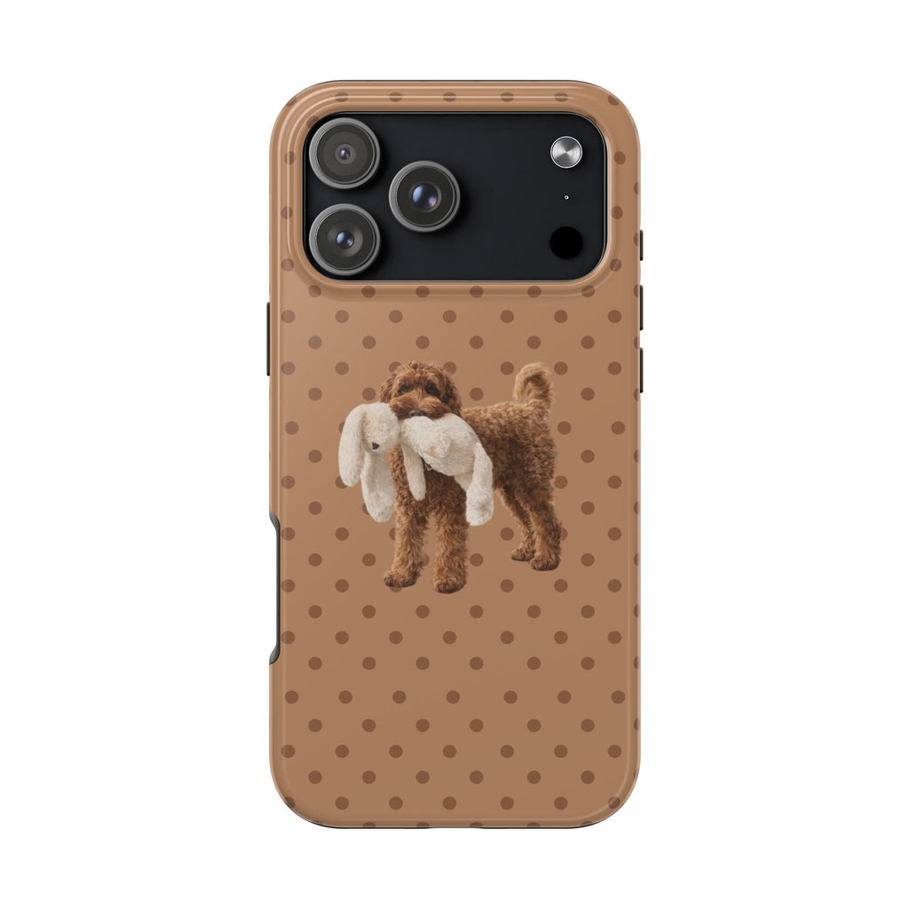 Light brown polka dot phone case, golden doodle with bow and paw print