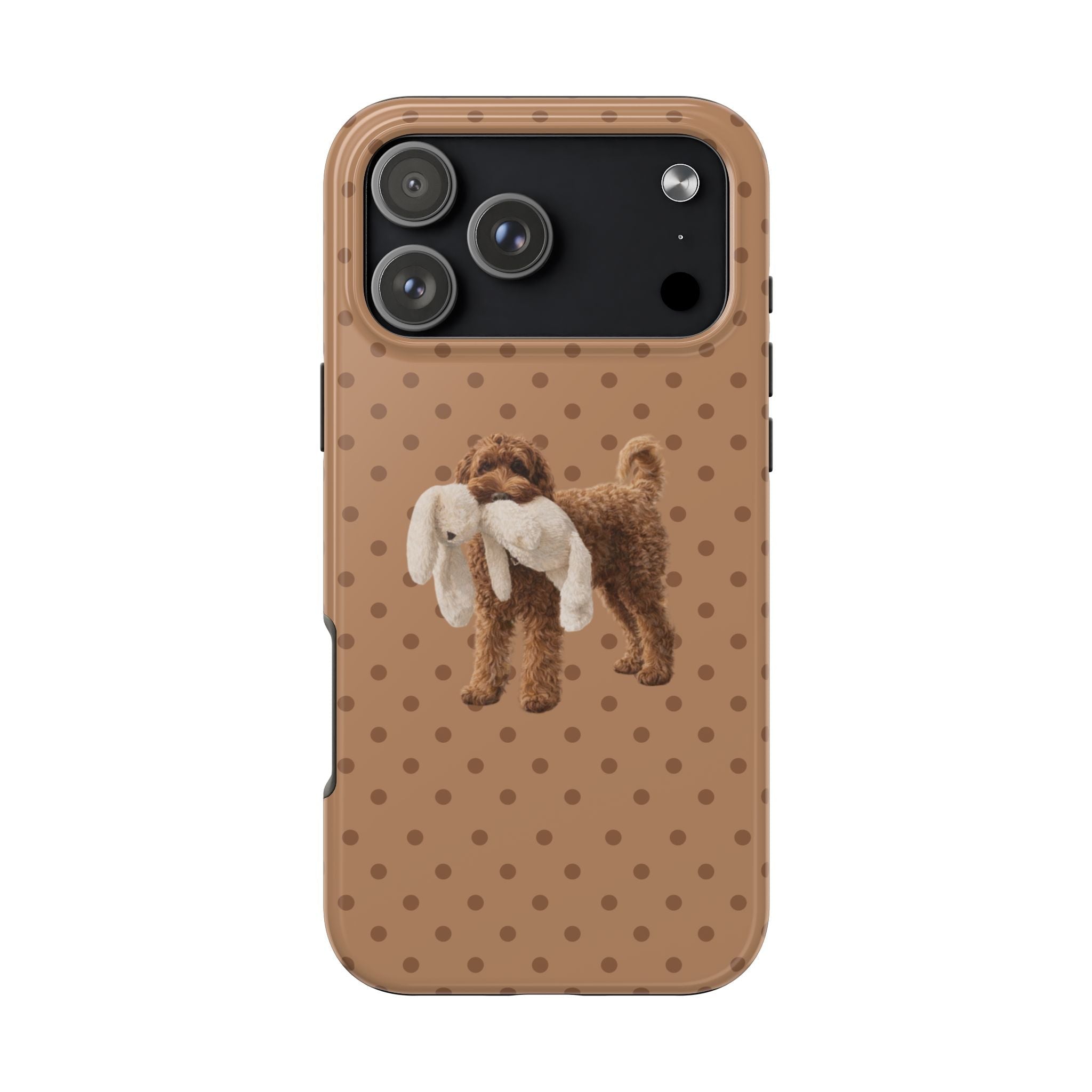 Light brown polka dot phone case, golden doodle with bow and paw print