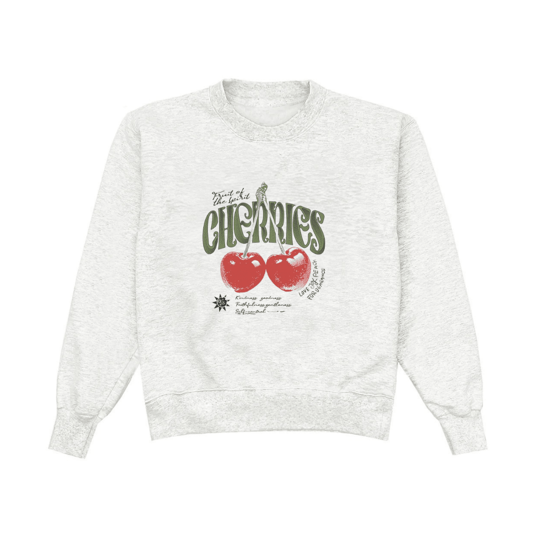 Light gray cherries crewneck sweatshirt with front cherry graphic