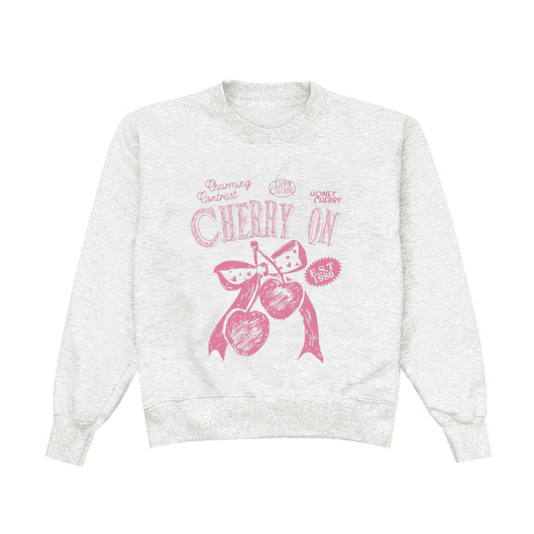 Light gray crewneck sweatshirt with pink cherry graphic on front