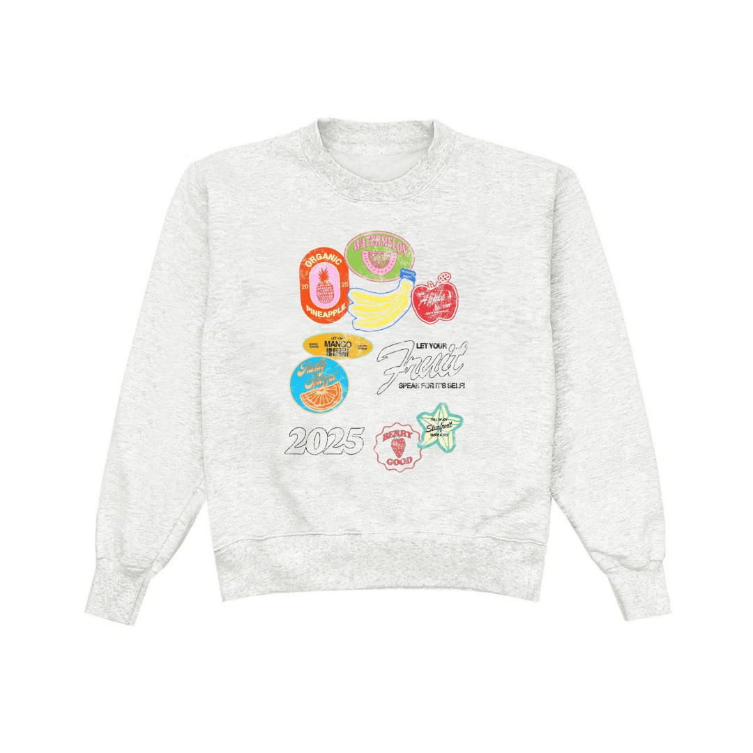 Light gray crewneck sweatshirt with colorful fruit graphic on chest