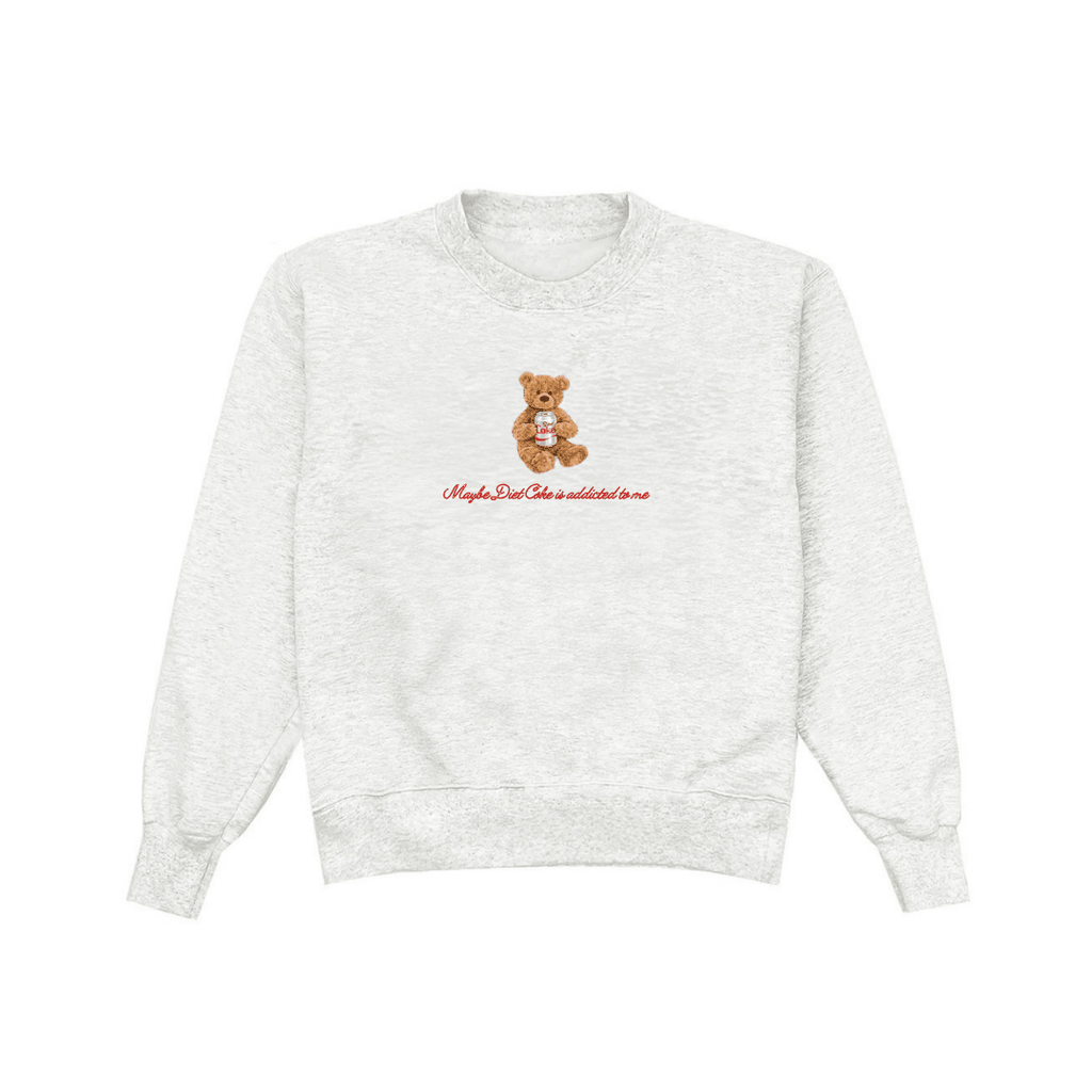 Light gray crewneck sweatshirt, teddy bear applique graphic with red script text