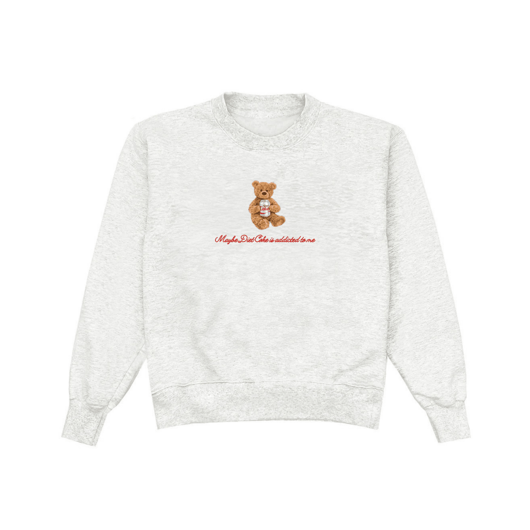 Light gray crewneck sweatshirt, teddy bear applique graphic with red script text