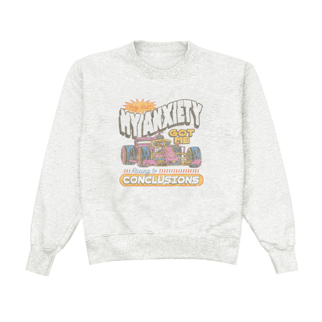 Light gray crewneck sweatshirt with racing graphic and text design, long sleeves