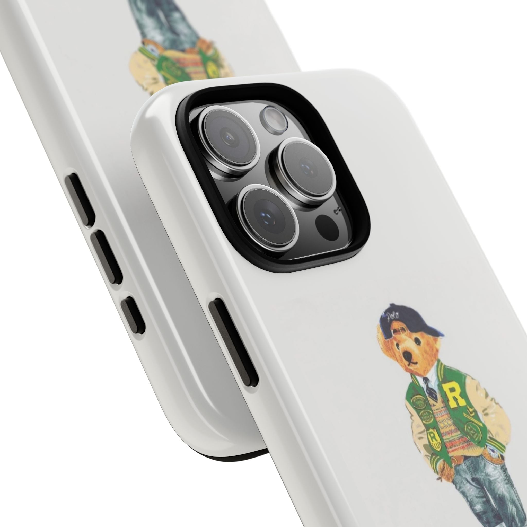 Angled light gray phone case with teddy bear graphic; side buttons and camera lenses