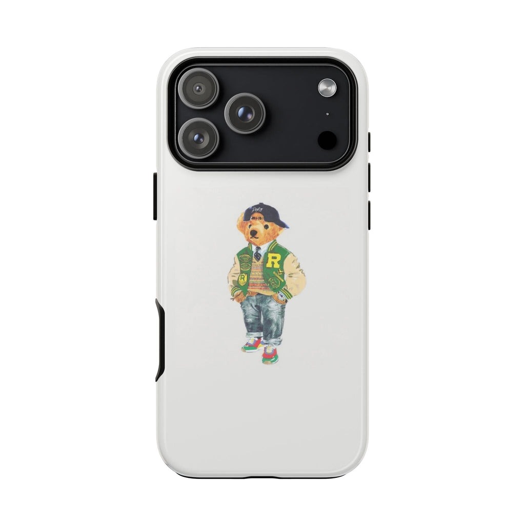 Light gray phone case with teddy bear cartoon graphic, camera openings visible