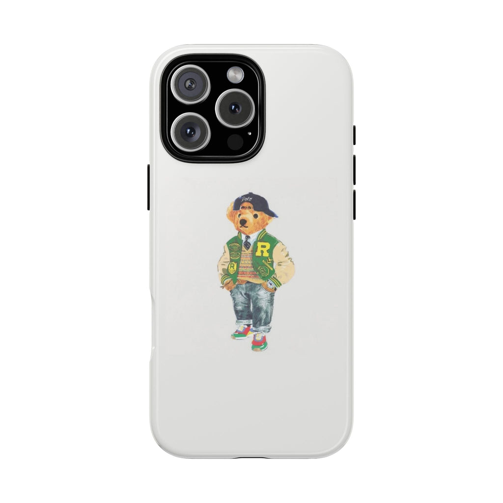 Light gray phone case with teddy bear cartoon graphic and camera cutouts