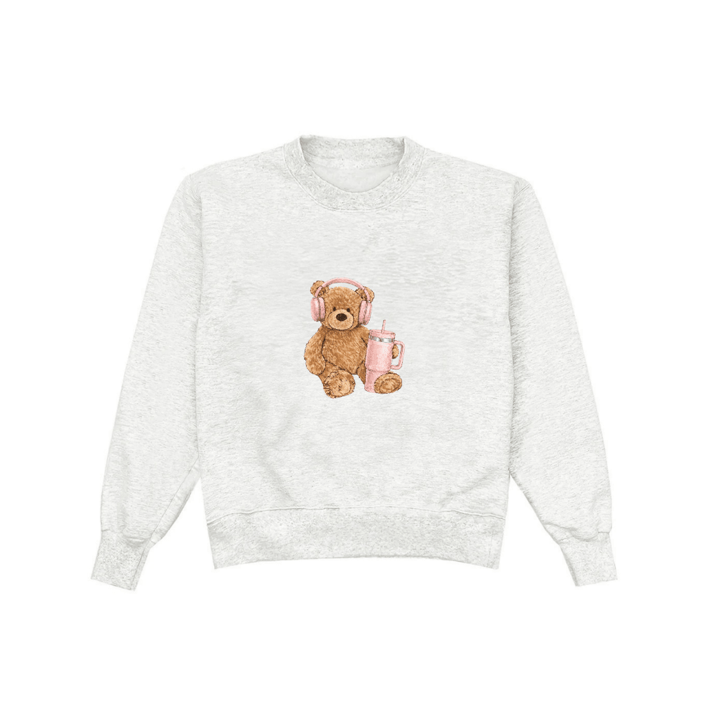 Light gray crewneck sweatshirt front with teddy bear wearing headphones holding a drink