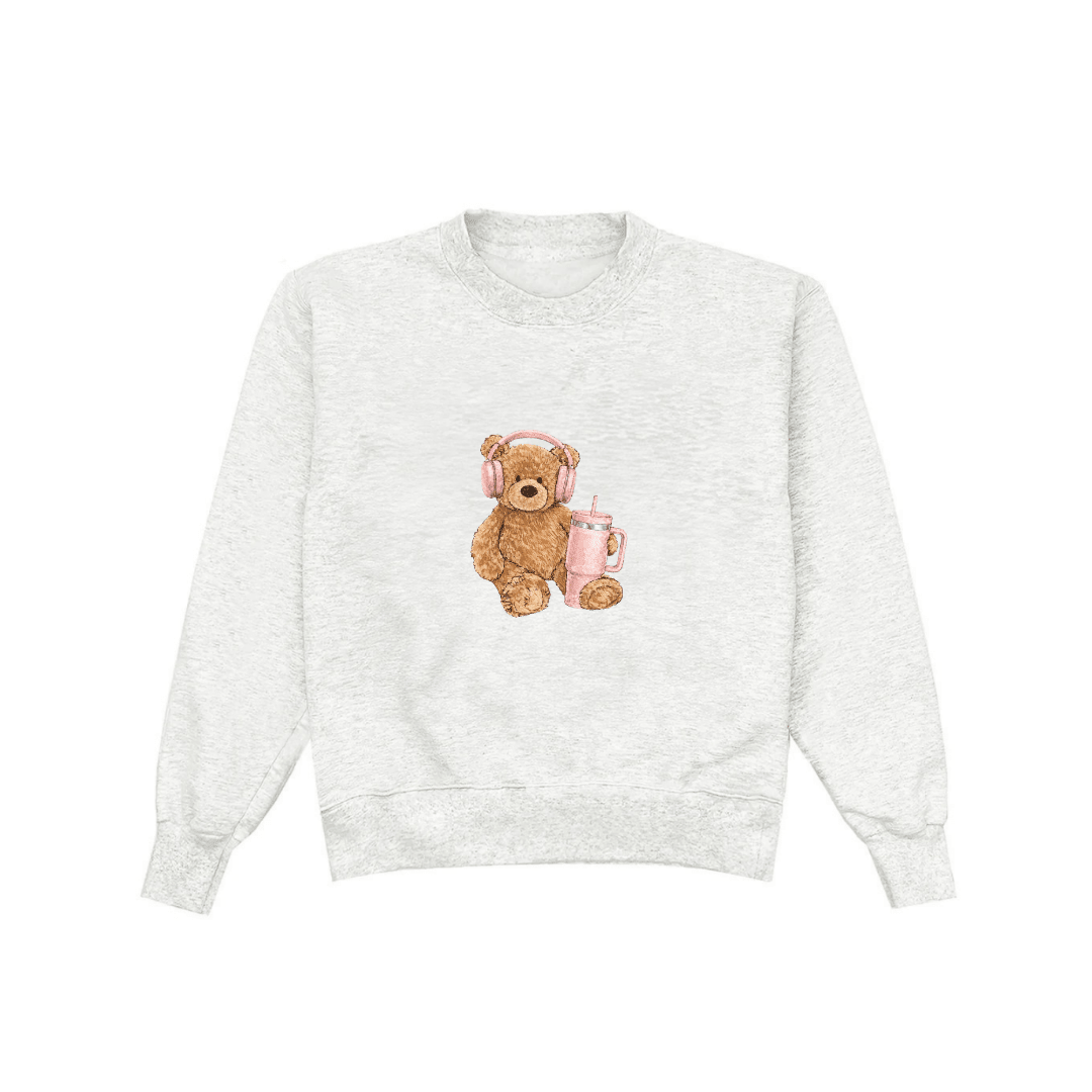 Light gray crewneck sweatshirt front with teddy bear wearing headphones holding a drink