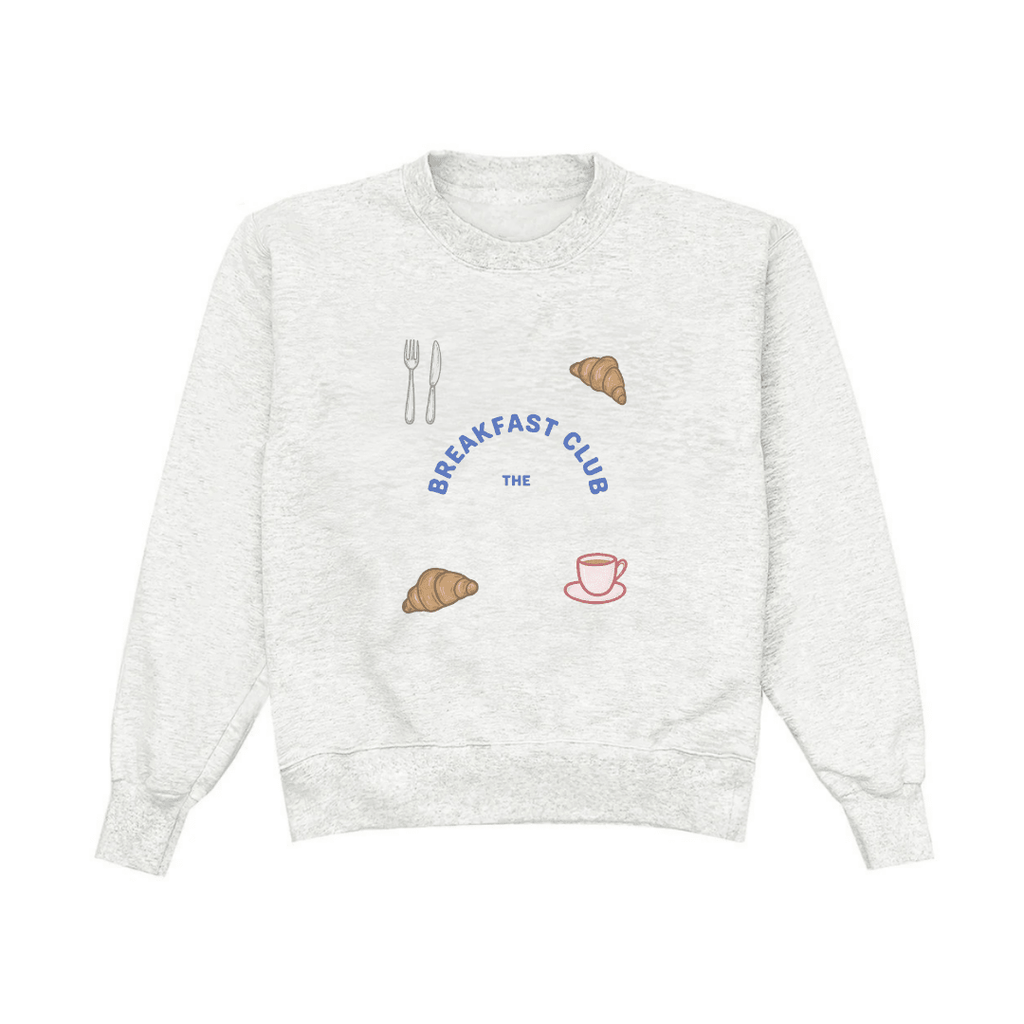 Light gray crewneck sweatshirt, front graphic “Breakfast Club the” with coffee and croissant