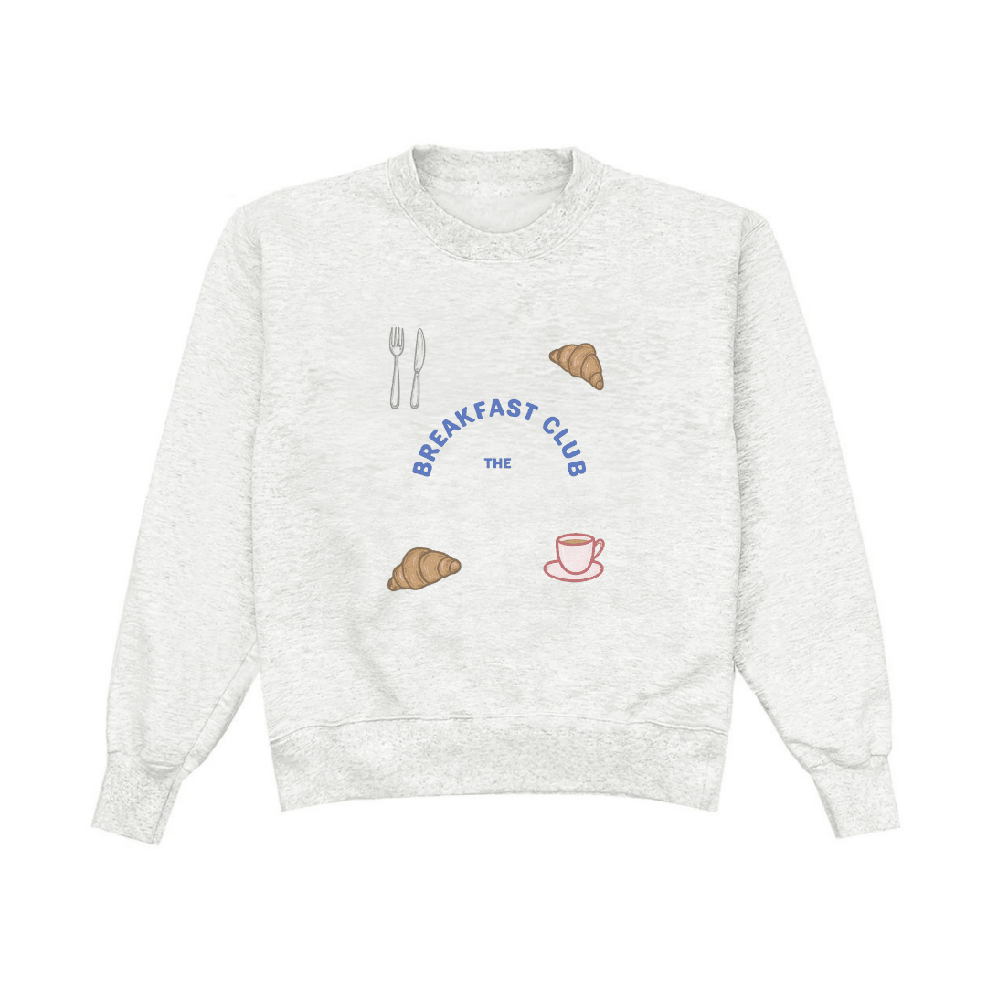 Light gray crewneck sweatshirt, front graphic “Breakfast Club the” with coffee and croissant