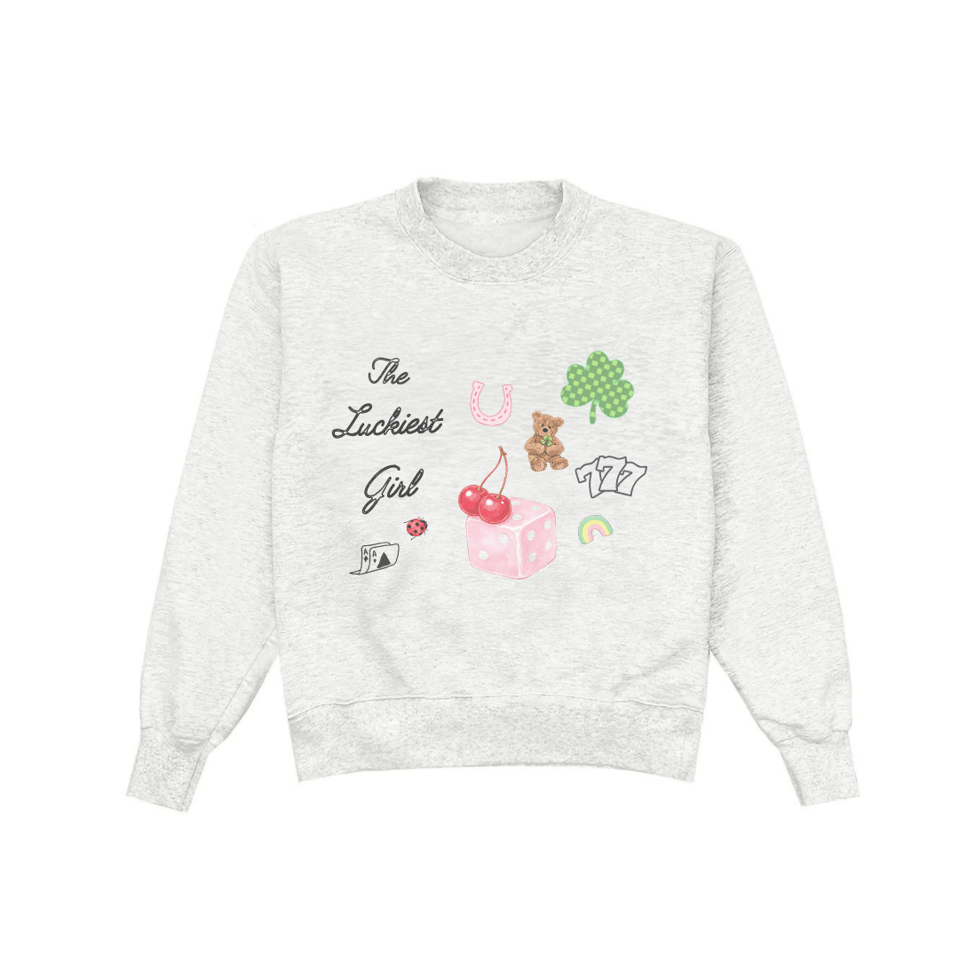Light gray crewneck sweatshirt with colorful lucky girl graphic front