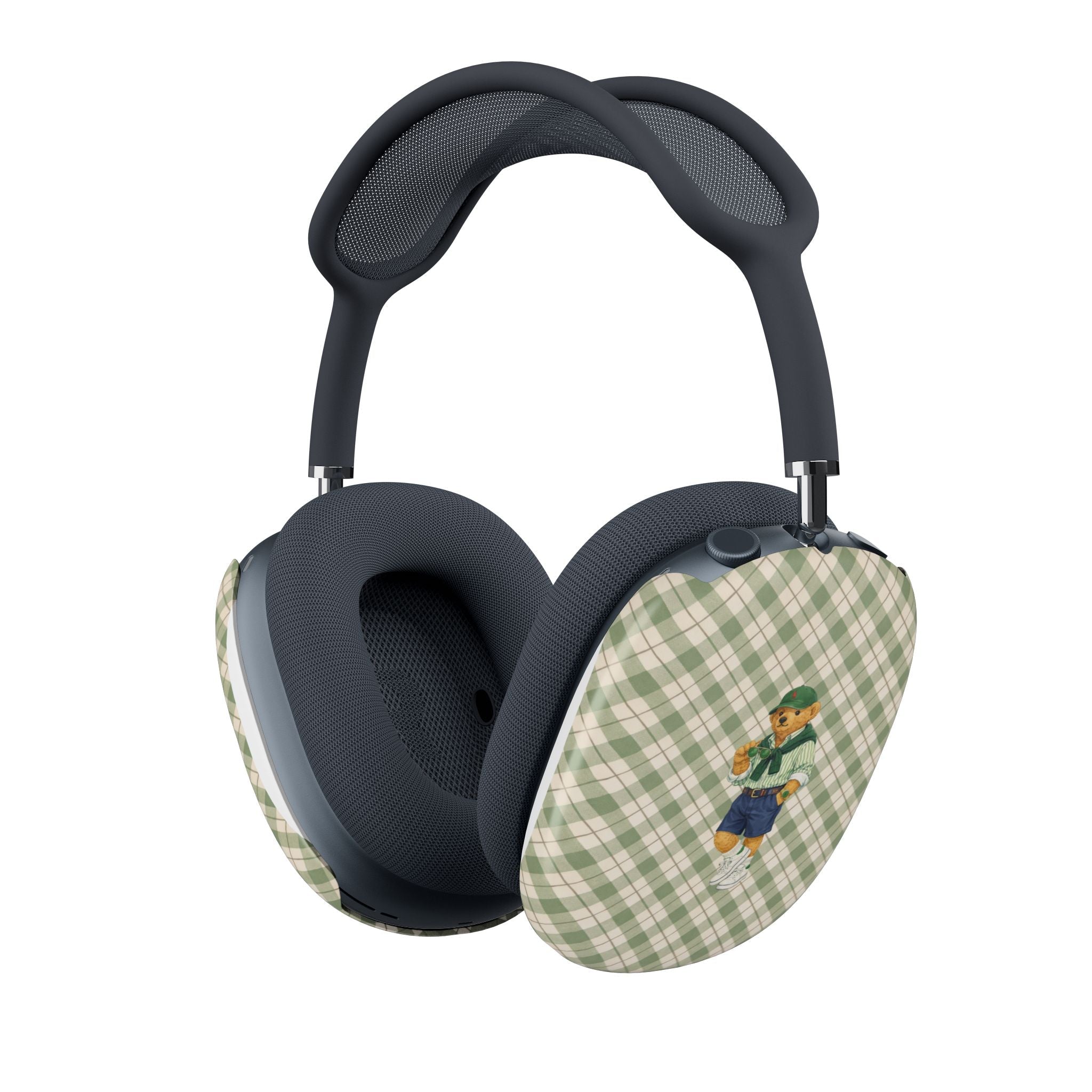 Green plaid teddy bear AirPods Max case cover on headphones, front view