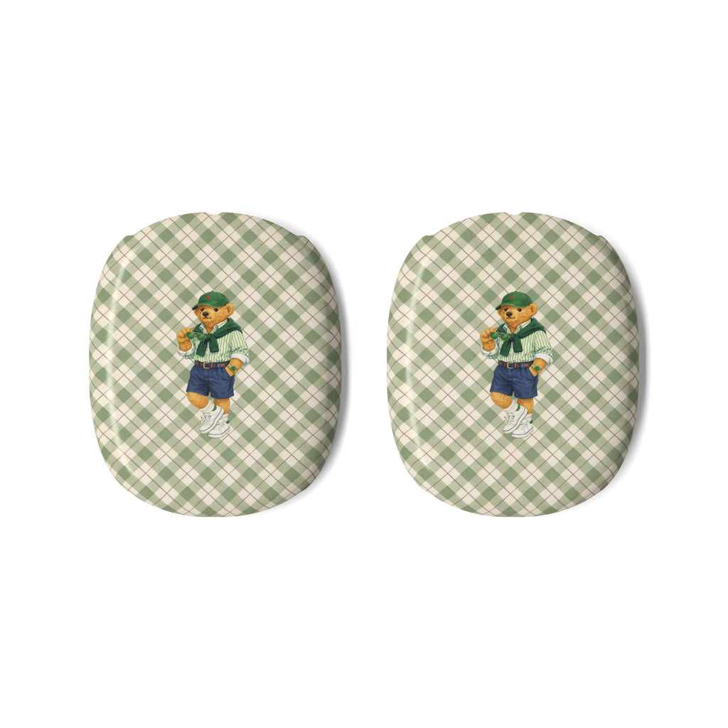 Green plaid teddy bear ear pad covers for AirPods Max, pair