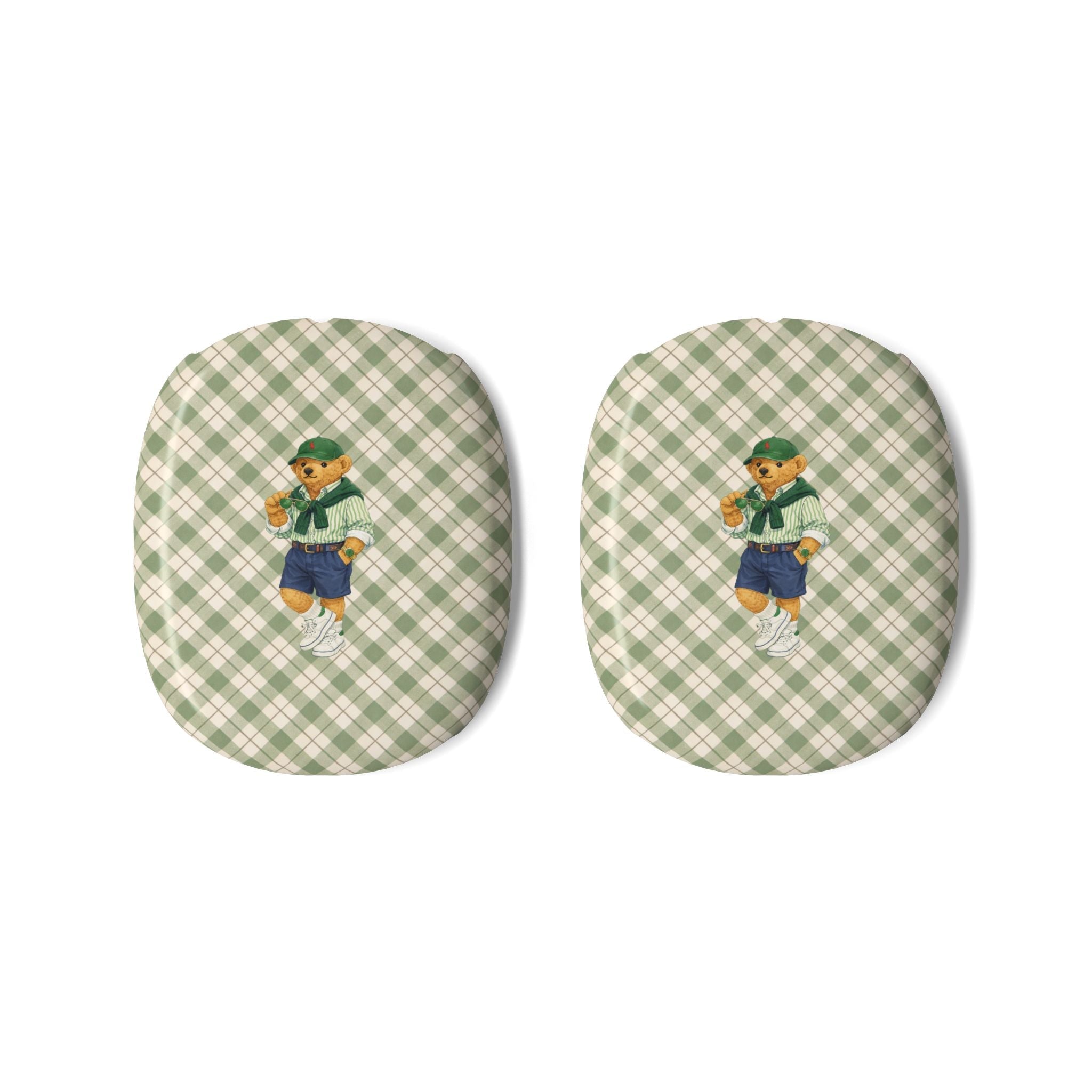 Green plaid teddy bear ear pad covers for AirPods Max, pair