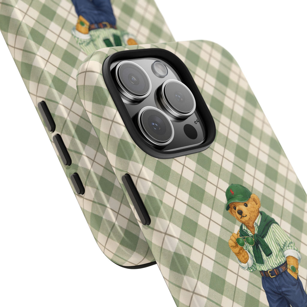 Light green checkered phone case with teddy bear design and side button openings