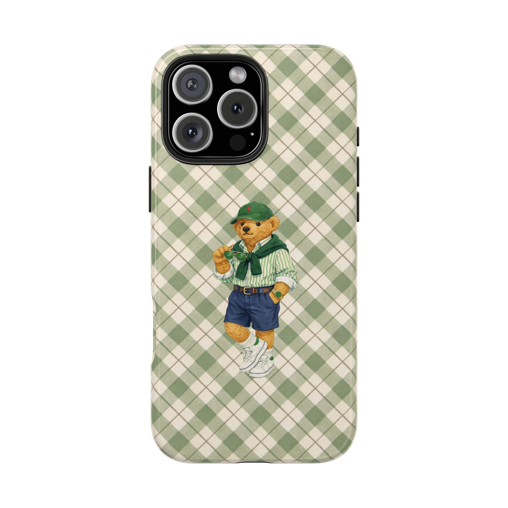 Light green checkered phone case with standing teddy bear graphic and camera cutout