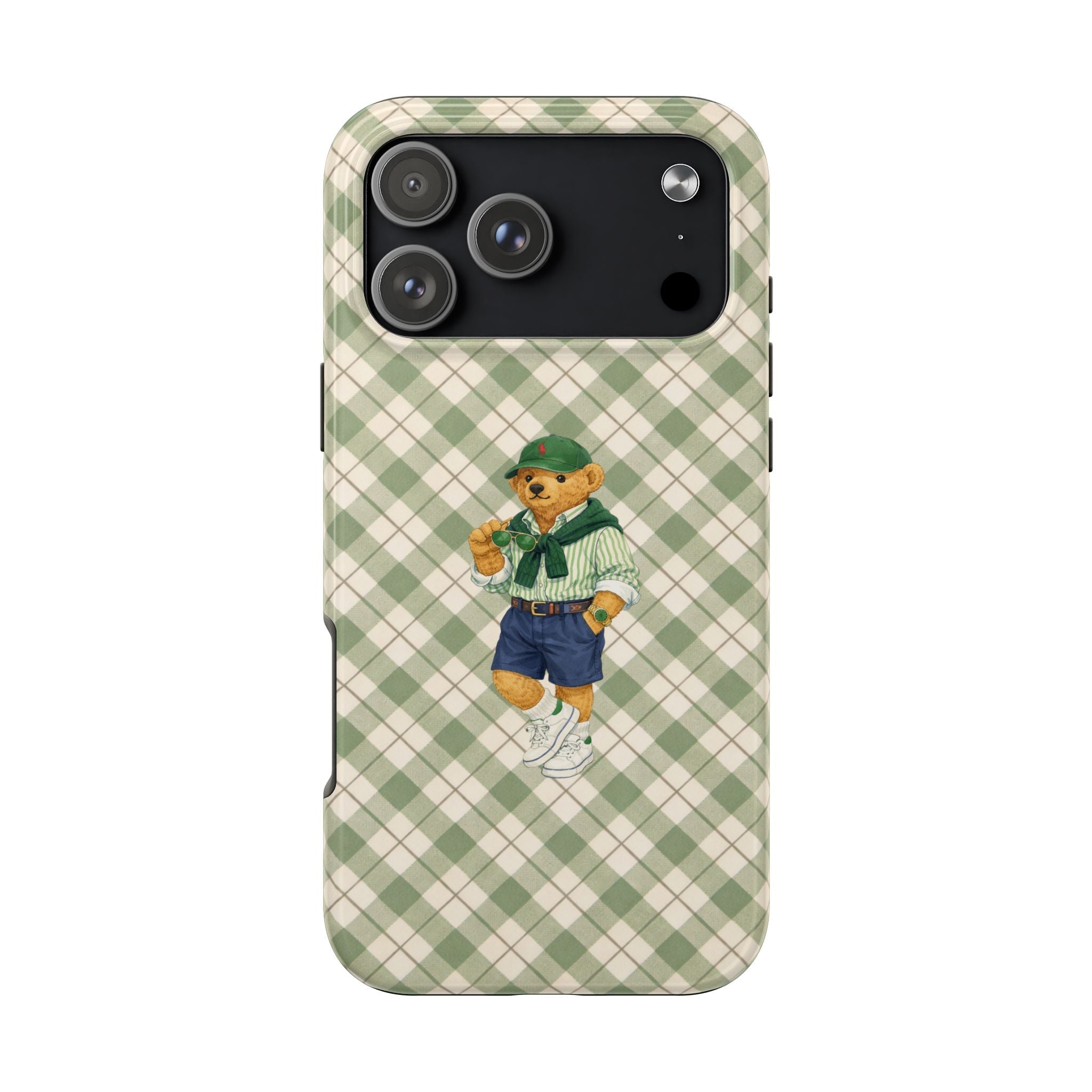 Light green and cream checkered phone case with teddy bear in sailor outfit