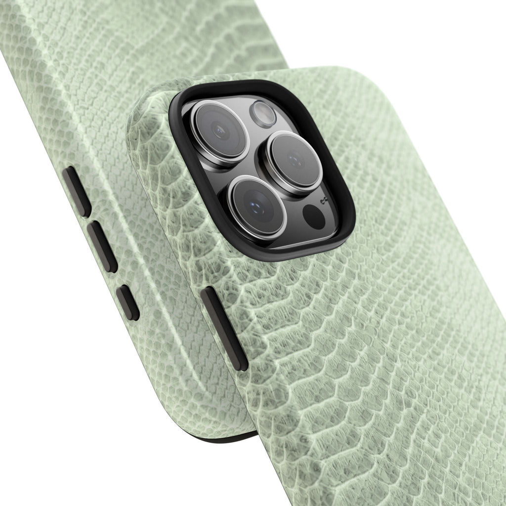 Light green python snake print phone case with raised camera protection and lens openings