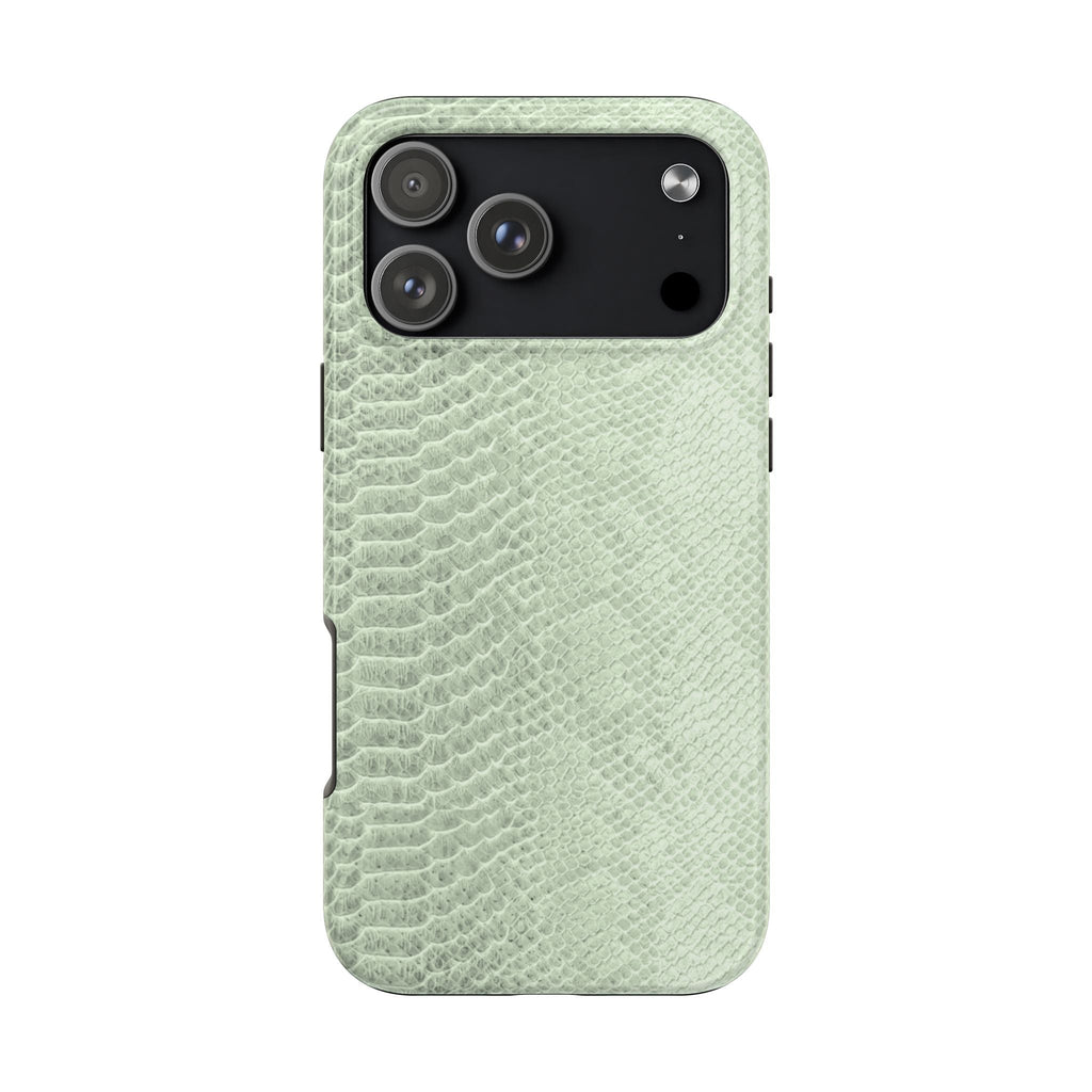 Light green python snake print phone case with cutouts around the camera