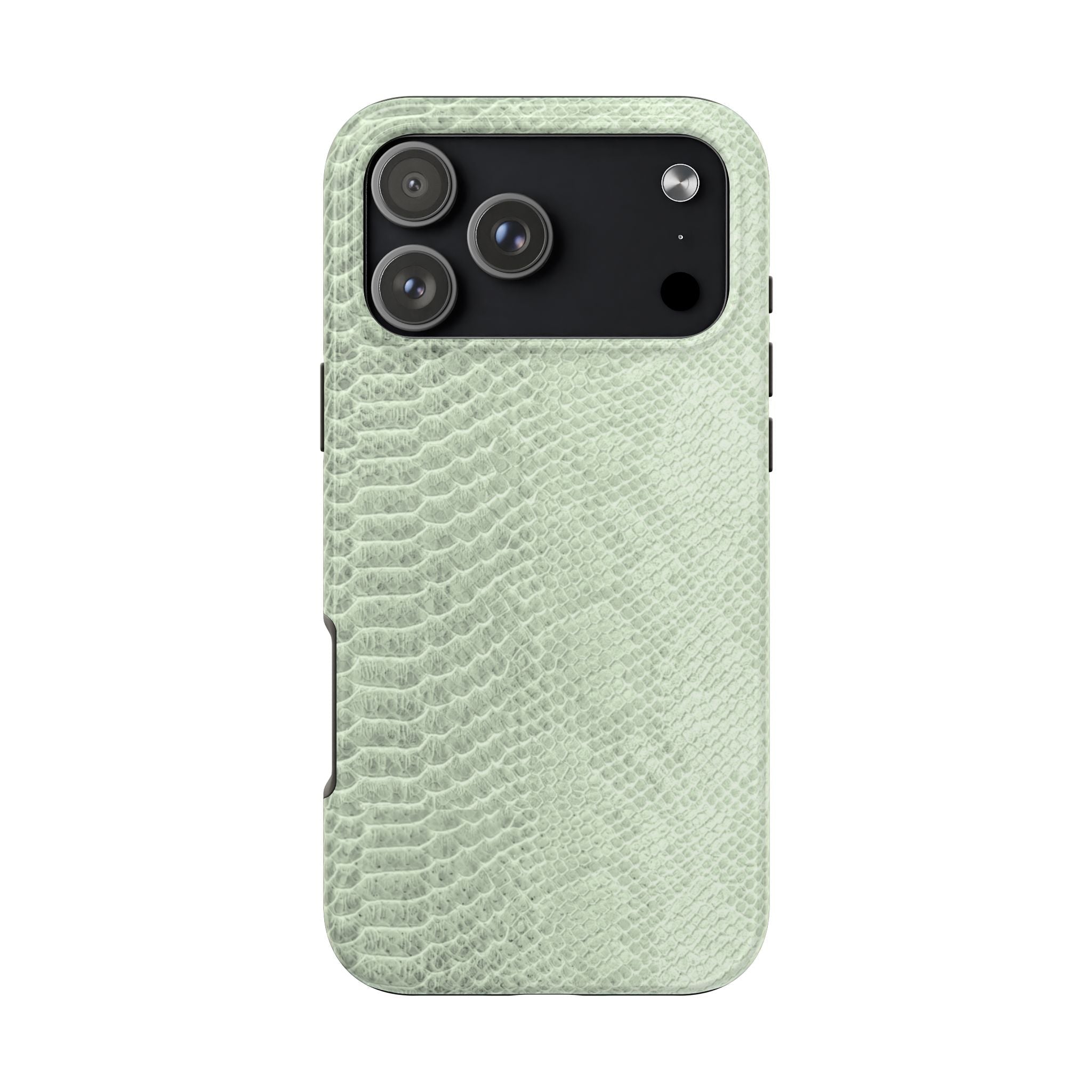 Light green python snake print phone case with cutouts around the camera