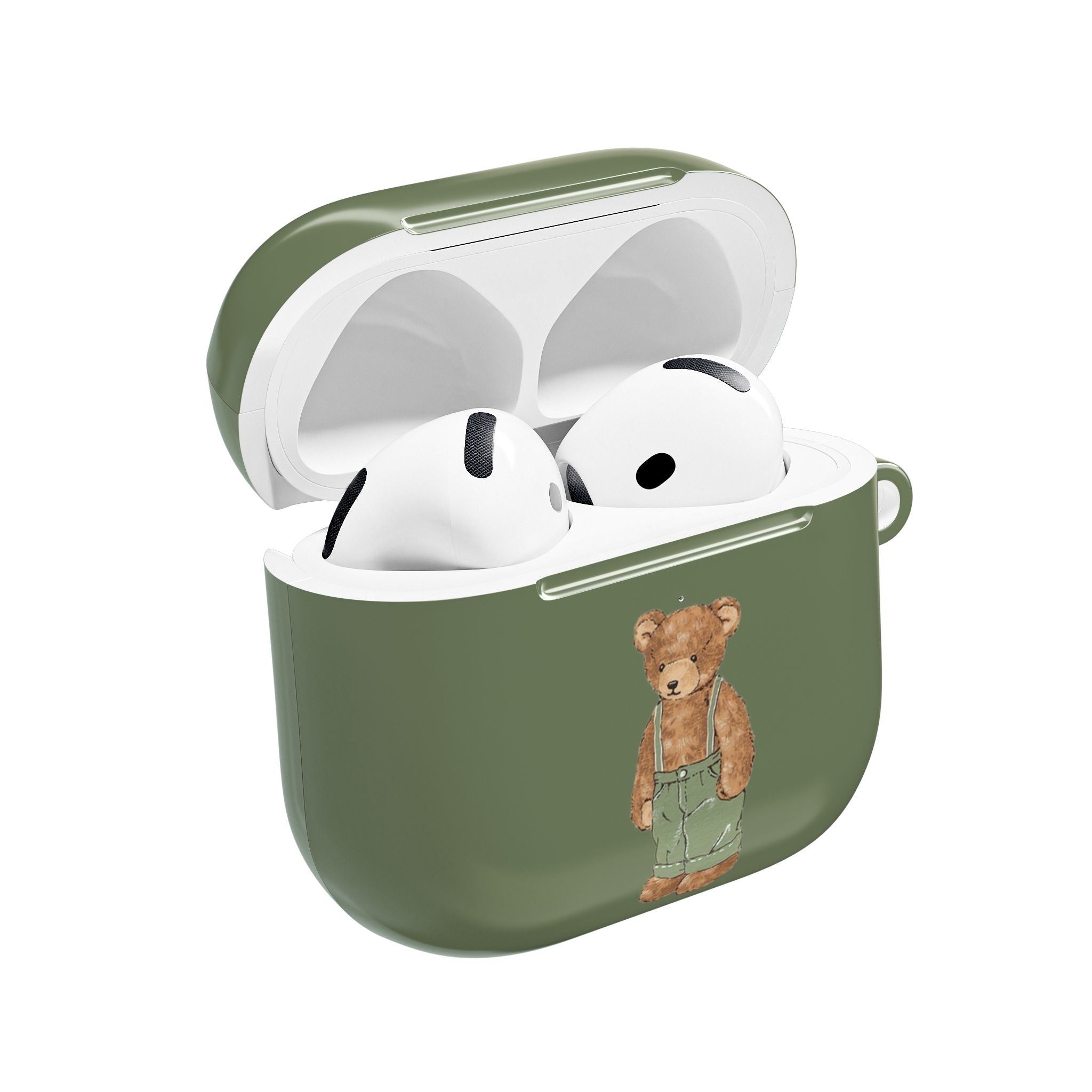Light green teddy bear AirPods case, lid open with earbuds inside