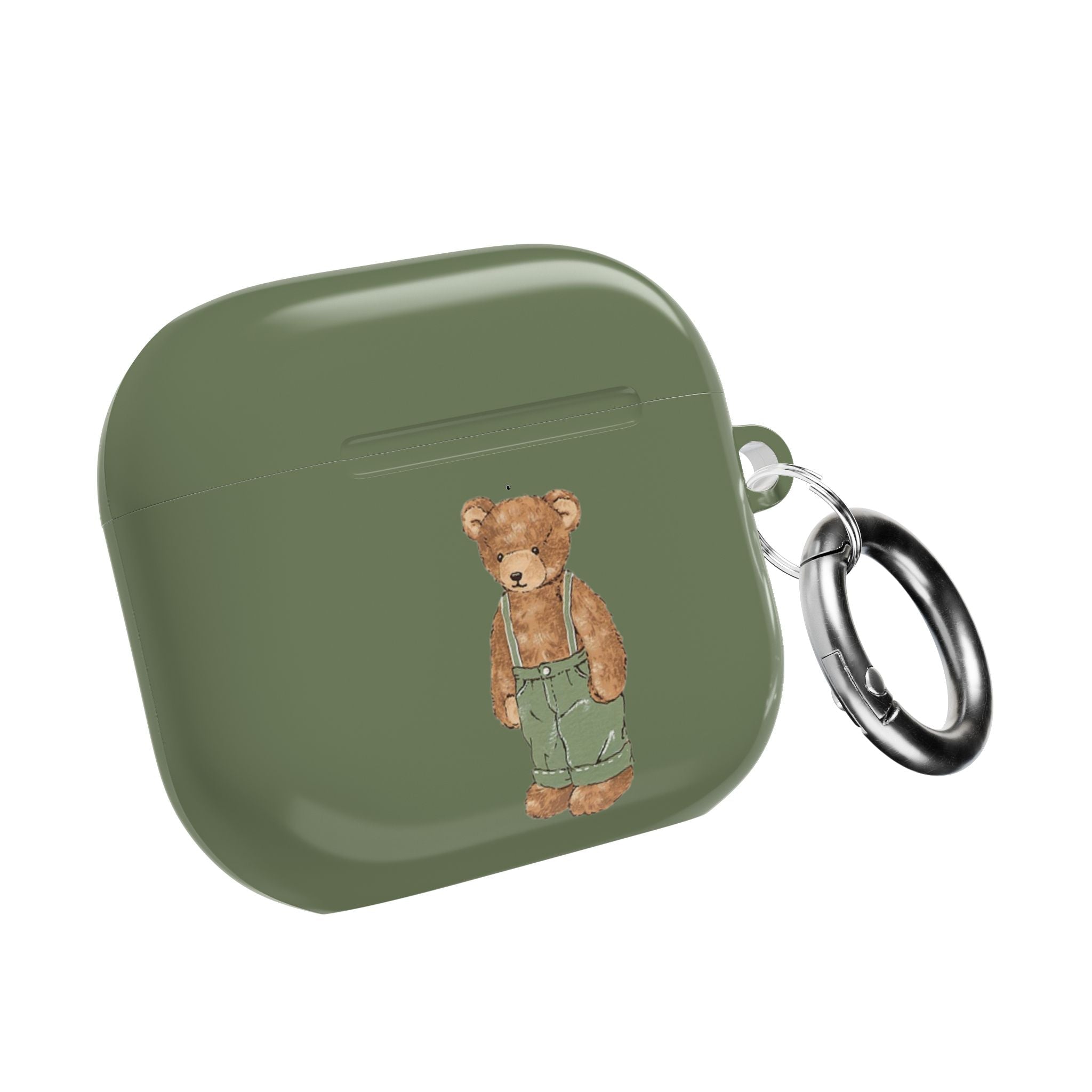 Light green AirPods case with teddy bear graphic, metal carabiner ring