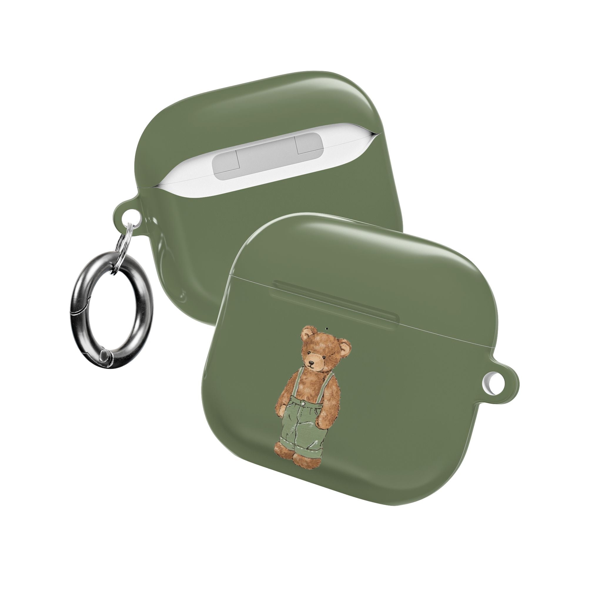 Light green AirPods case pair with teddy bear print and side keyring loops