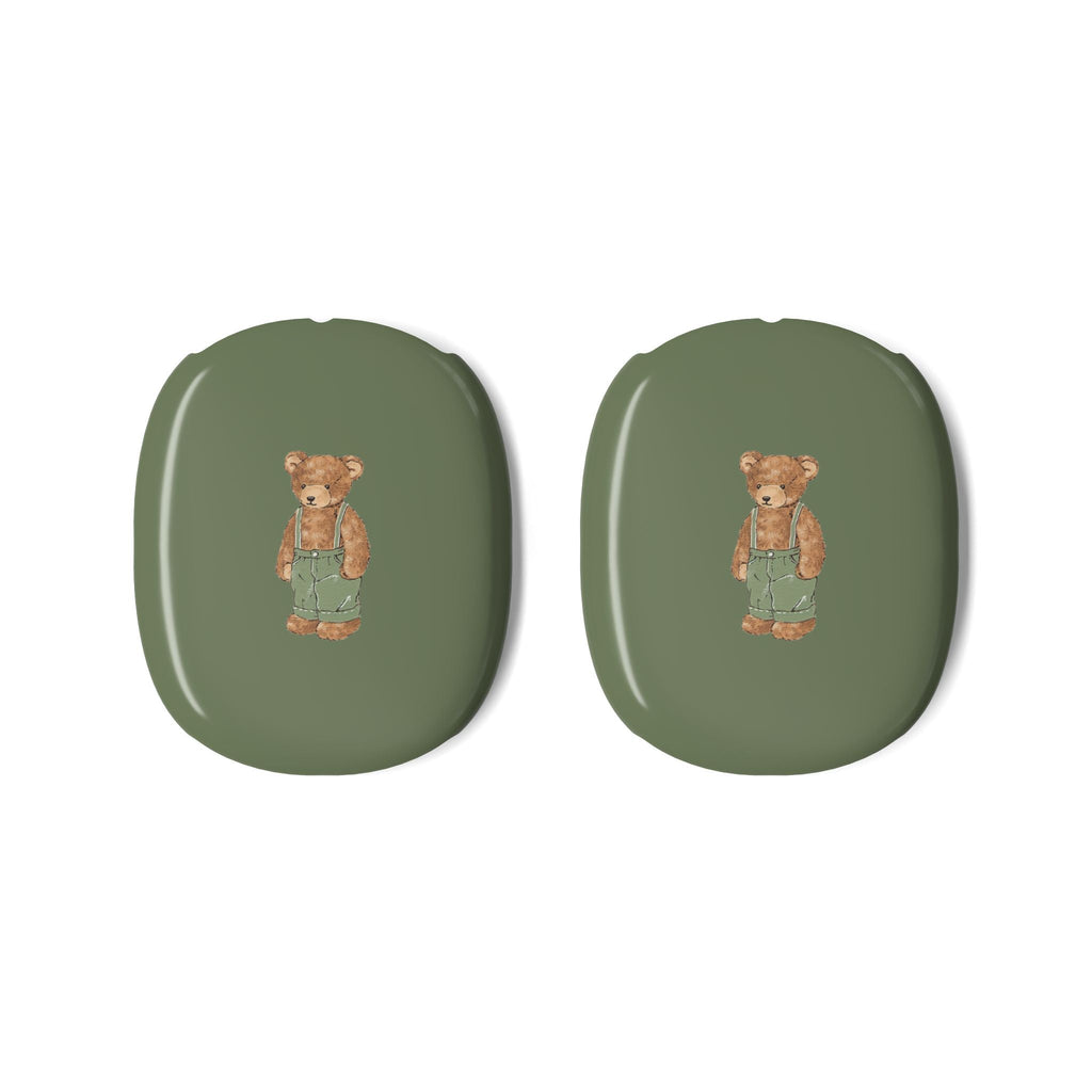 Pair of light green ear covers with teddy bear front graphic for AirPods Max