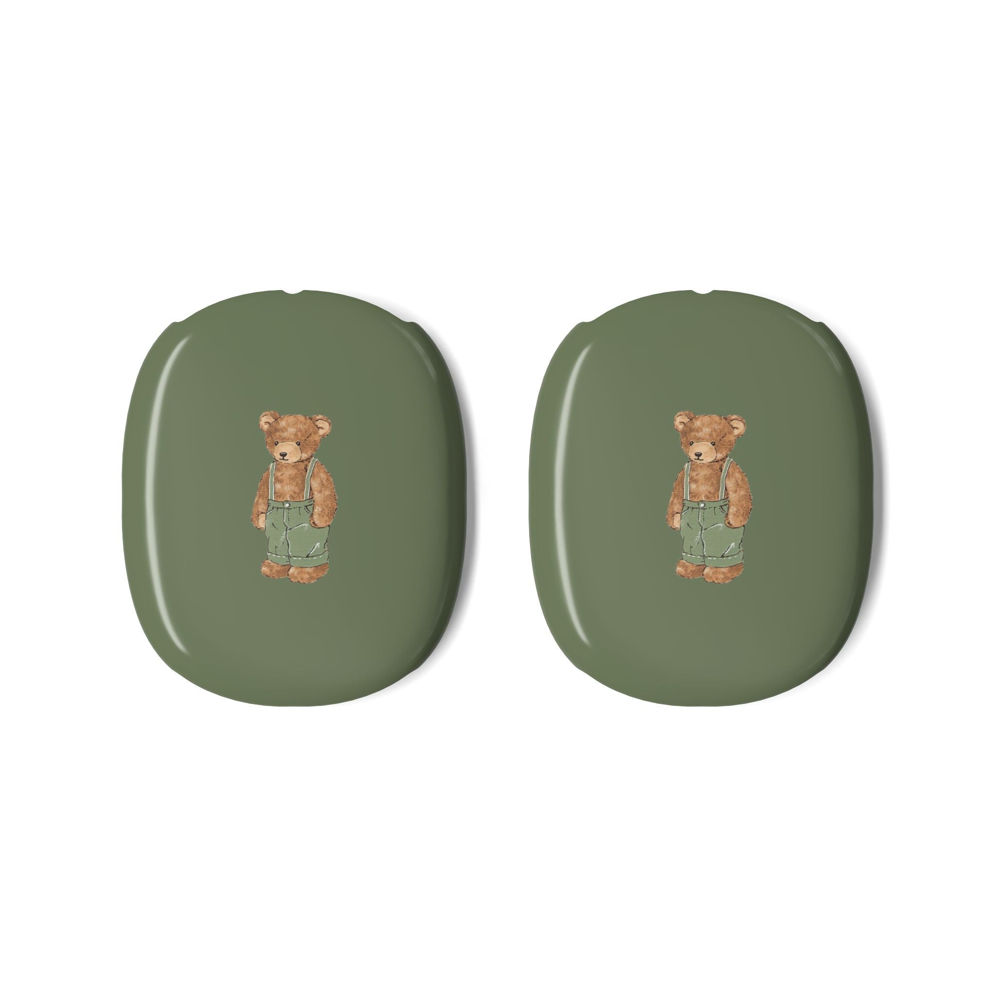 Pair of light green ear covers with teddy bear front graphic for AirPods Max