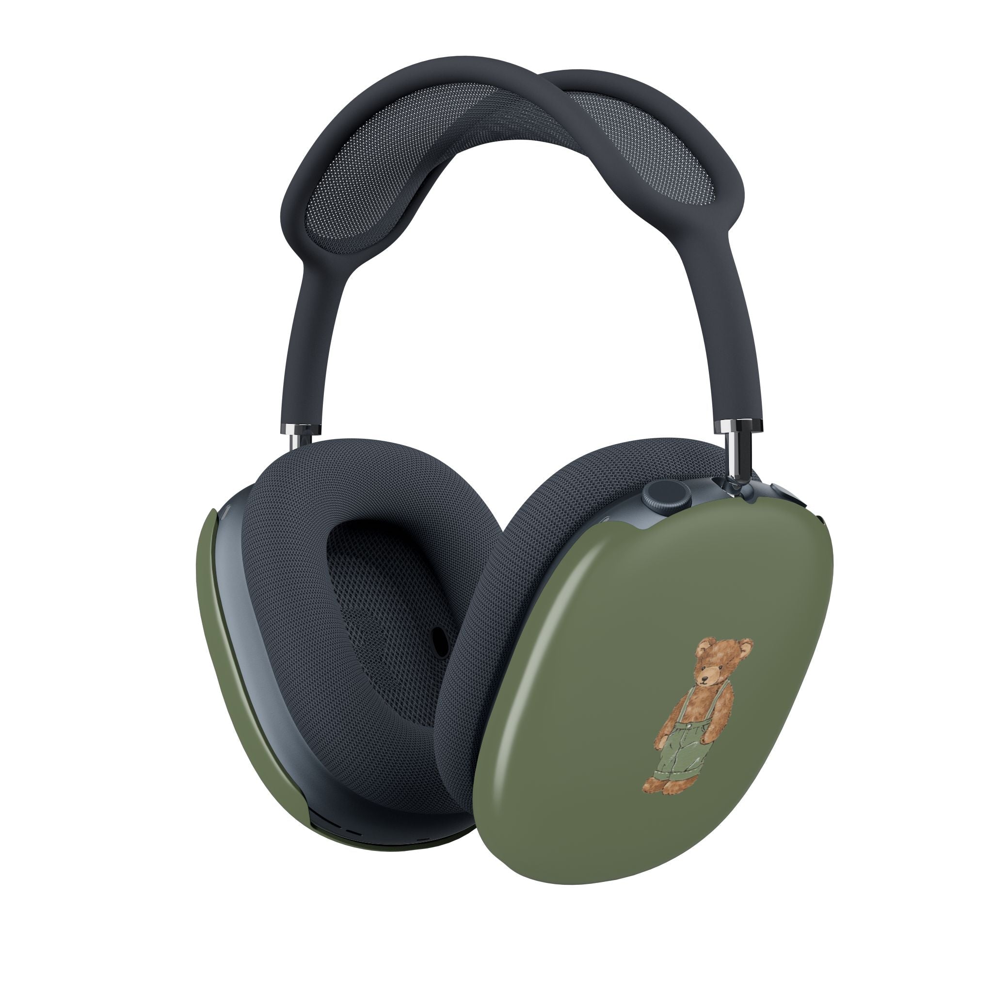 Light green AirPods Max ear cover with teddy bear graphic, glossy finish