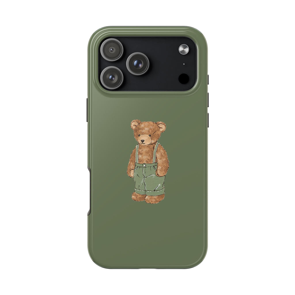 Light green teddy bear phone case, camera cutouts and bear graphic