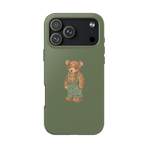 Light green teddy bear phone case, camera cutouts and bear graphic