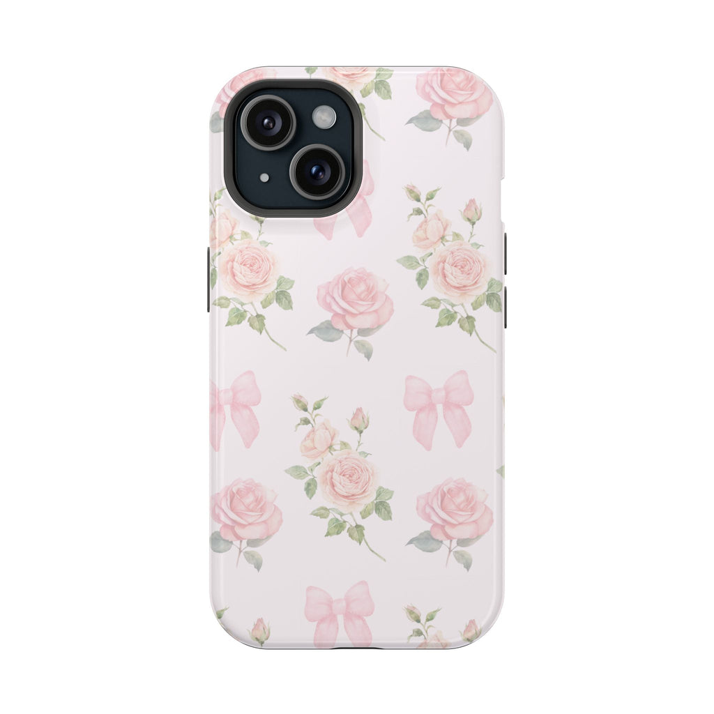 Light pink phone case with pink bows and roses floral pattern