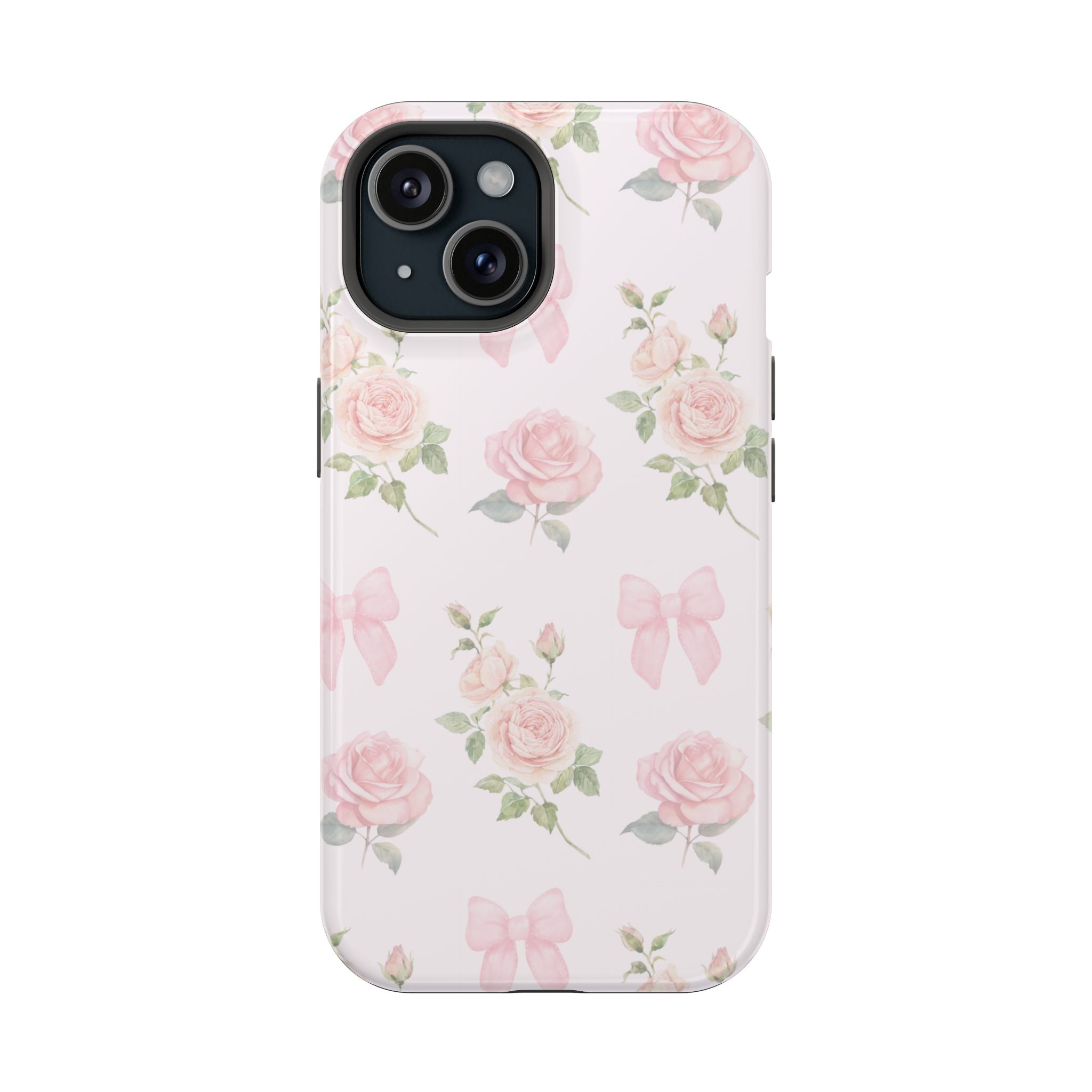 Light pink phone case with pink bows and roses floral pattern