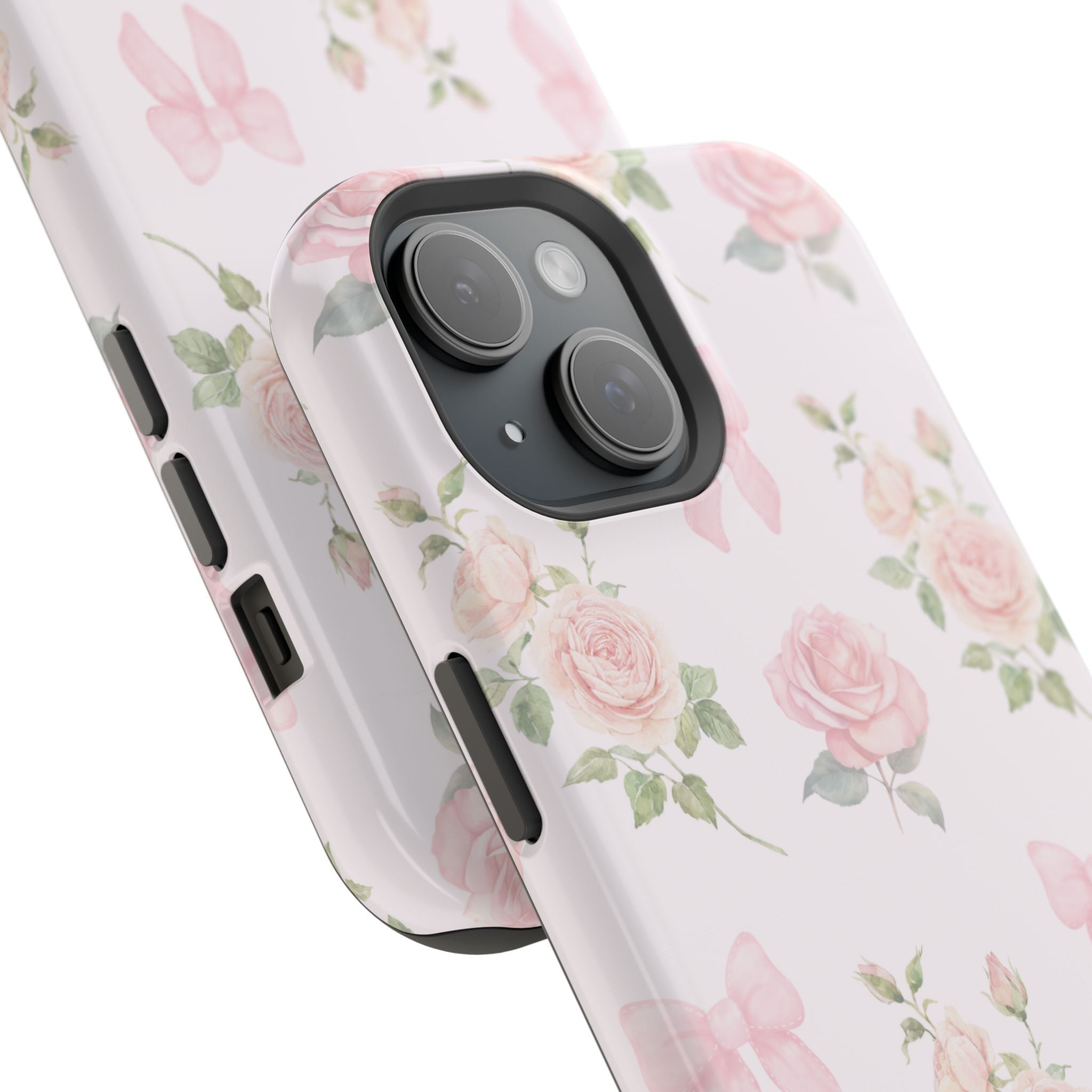 Angled view light pink phone case with roses and bow pattern, camera cutouts visible