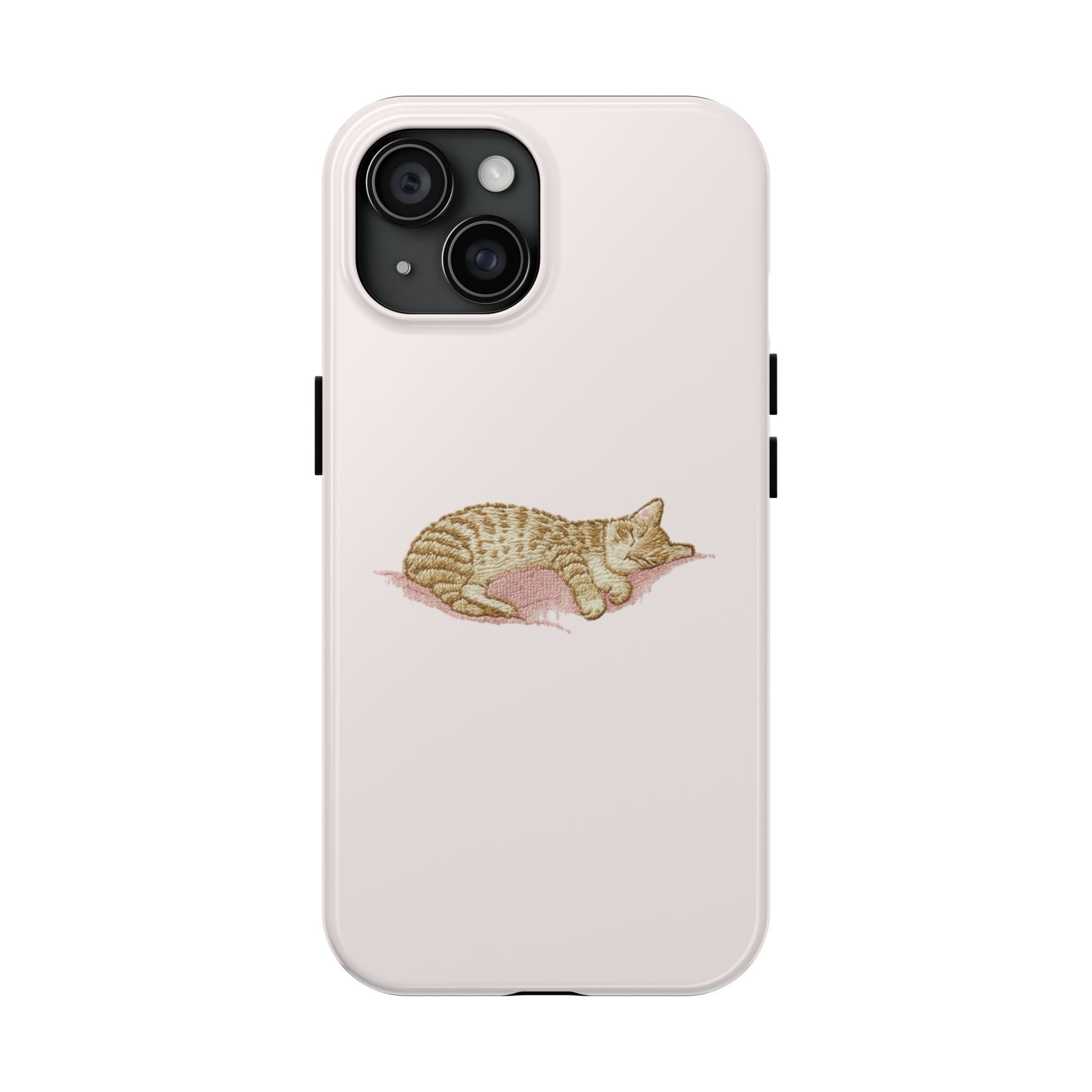 Light pink phone case with sleeping cat illustration on the back