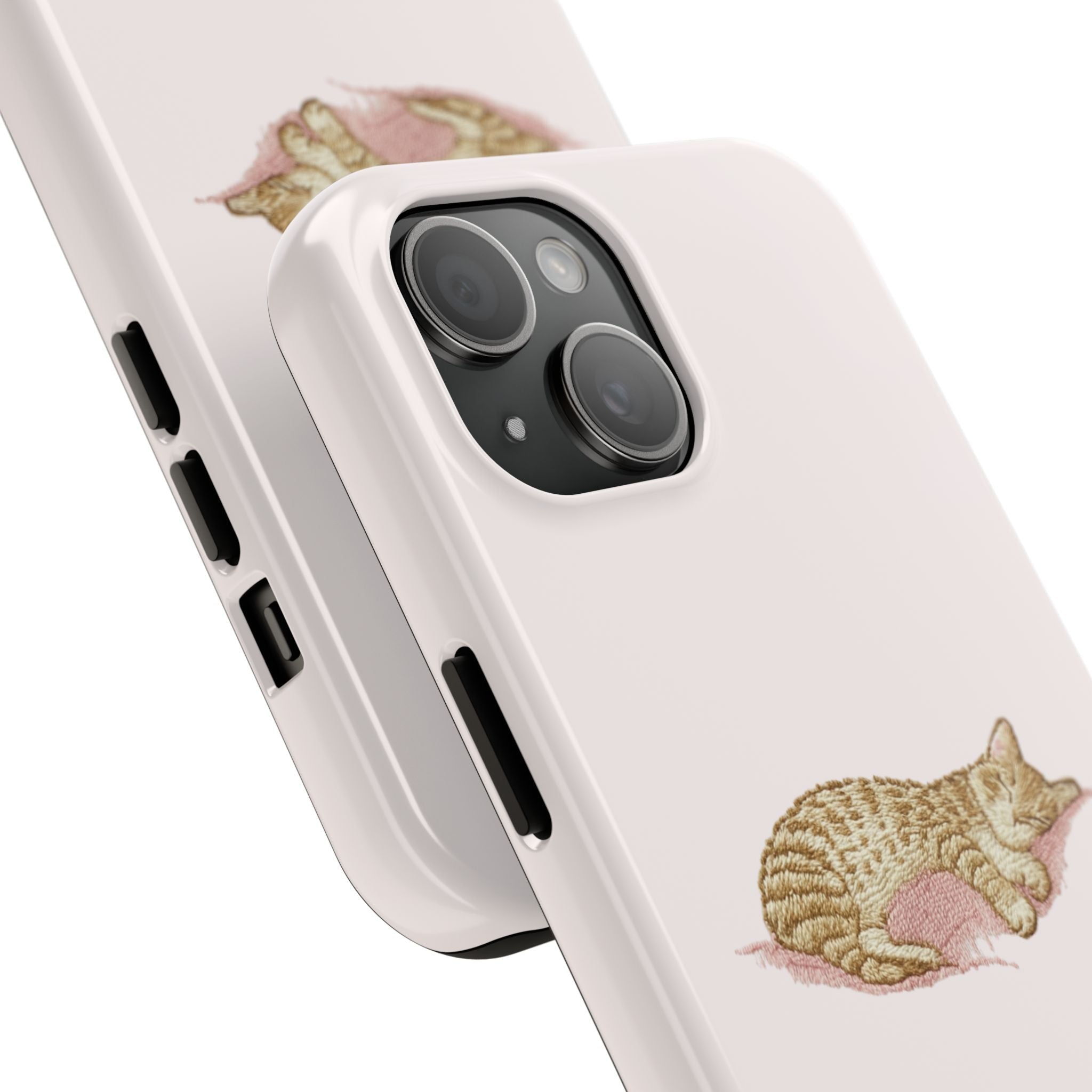 Light pink cat nap phone case with raised camera cutout and side buttons