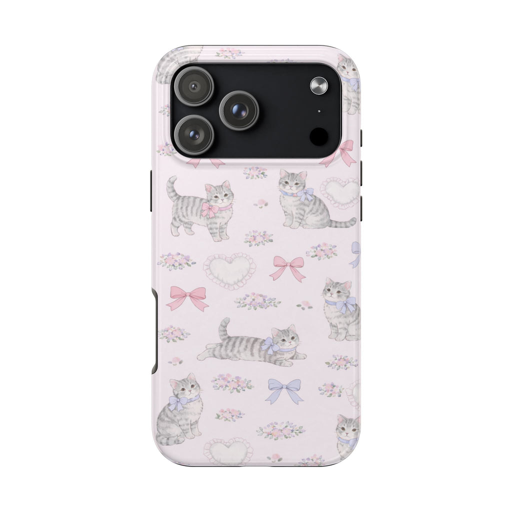 Light pink coquette cats phone case with bows, hearts, and small floral accents