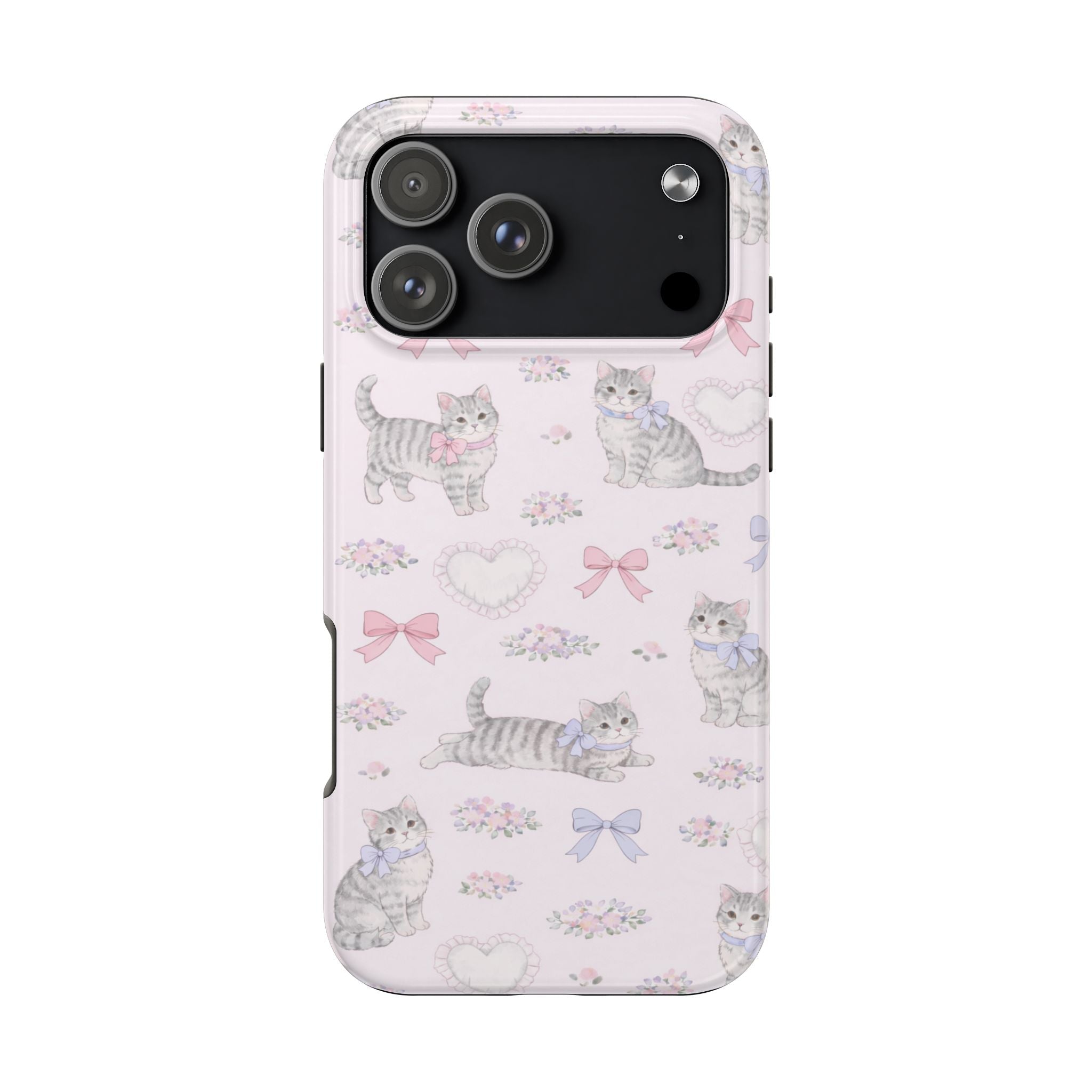 Light pink coquette cats phone case with bows, hearts, and small floral accents