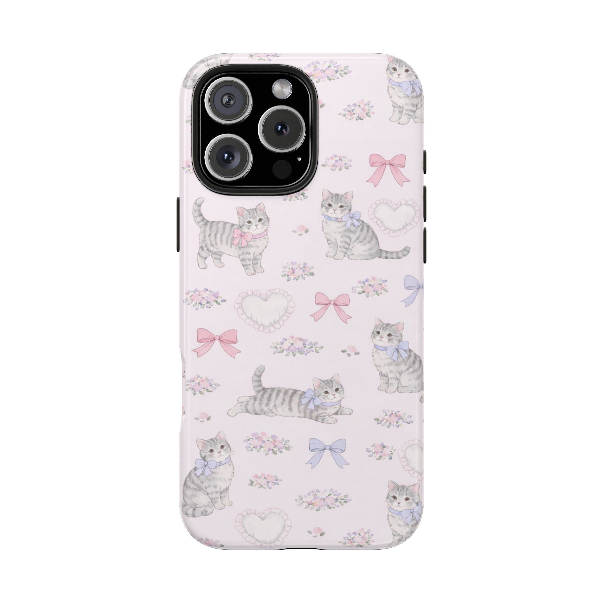 Light pink phone case with cute coquette cats, bows, hearts, and flowers pattern