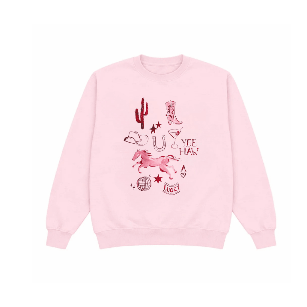 Light pink crewneck sweatshirt, long sleeves, western “Yee Haw Lucky” graphic print