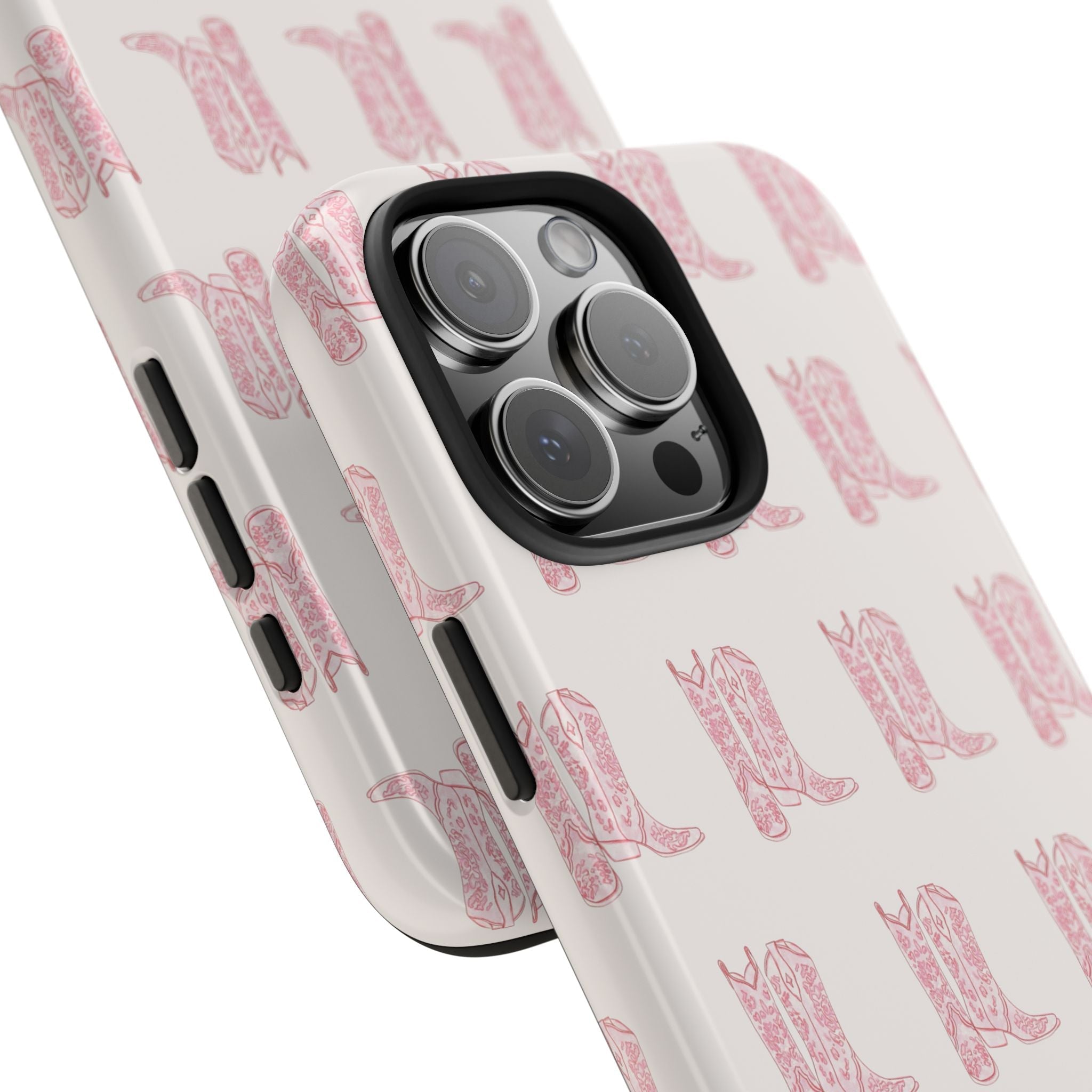 Light pink cowboy boots pattern phone case, angled view showing camera rings and buttons