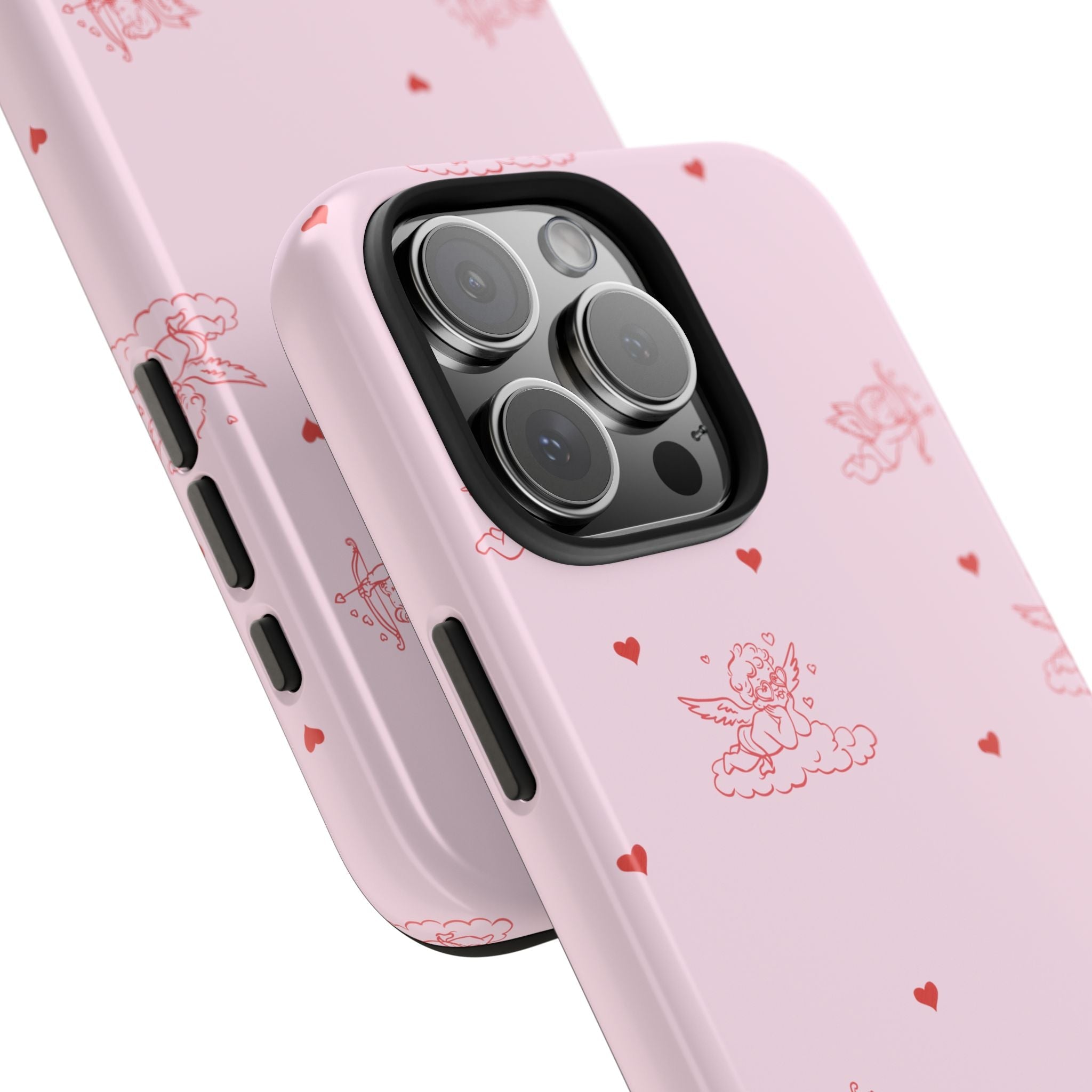 Close-up of light pink minimalist cupid phone case: camera lenses, cutout ports, heart motifs