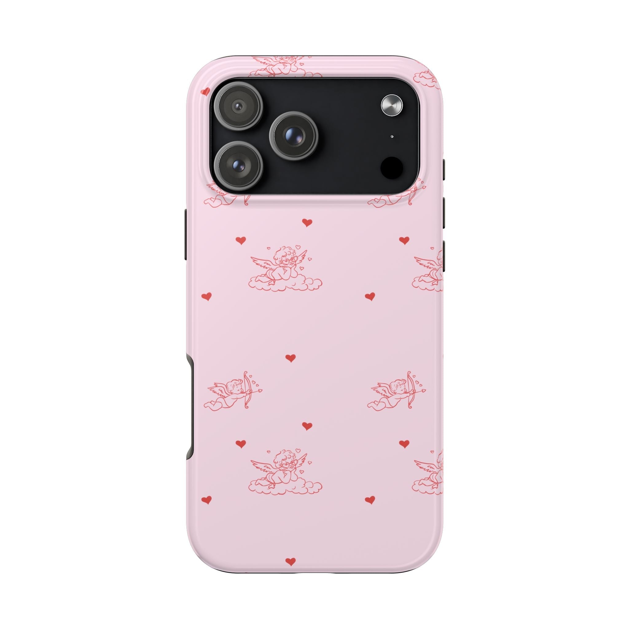 Light pink phone case with minimalist cupid hearts and floral pattern, camera cutouts visible