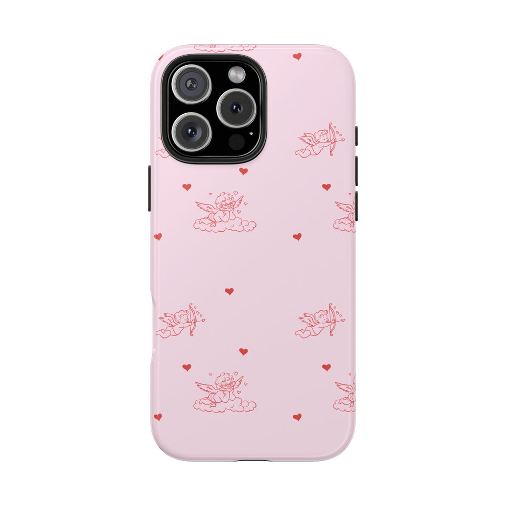 Light pink minimalist cupid phone case with red hearts and small angel designs, back view