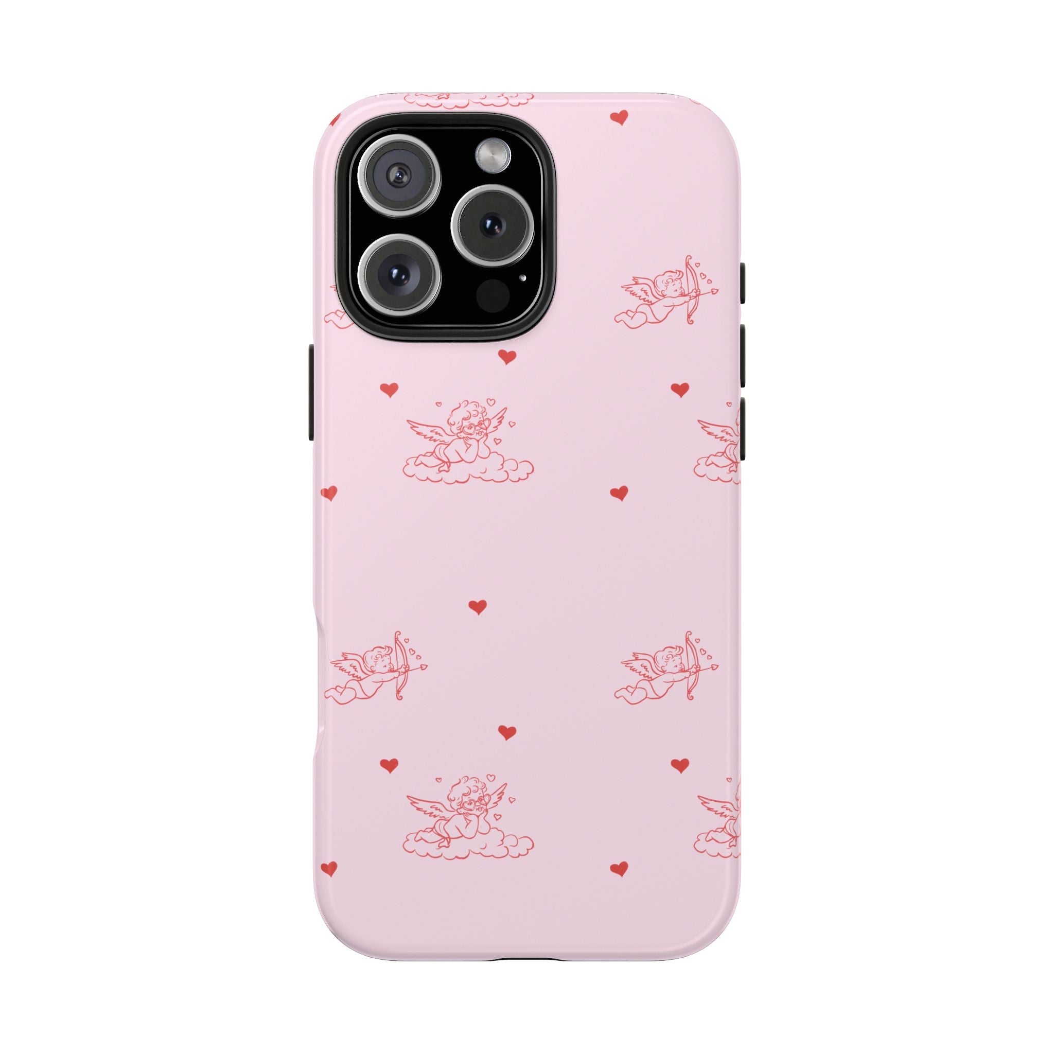 Light pink minimalist cupid phone case with red hearts and small angel designs, back view