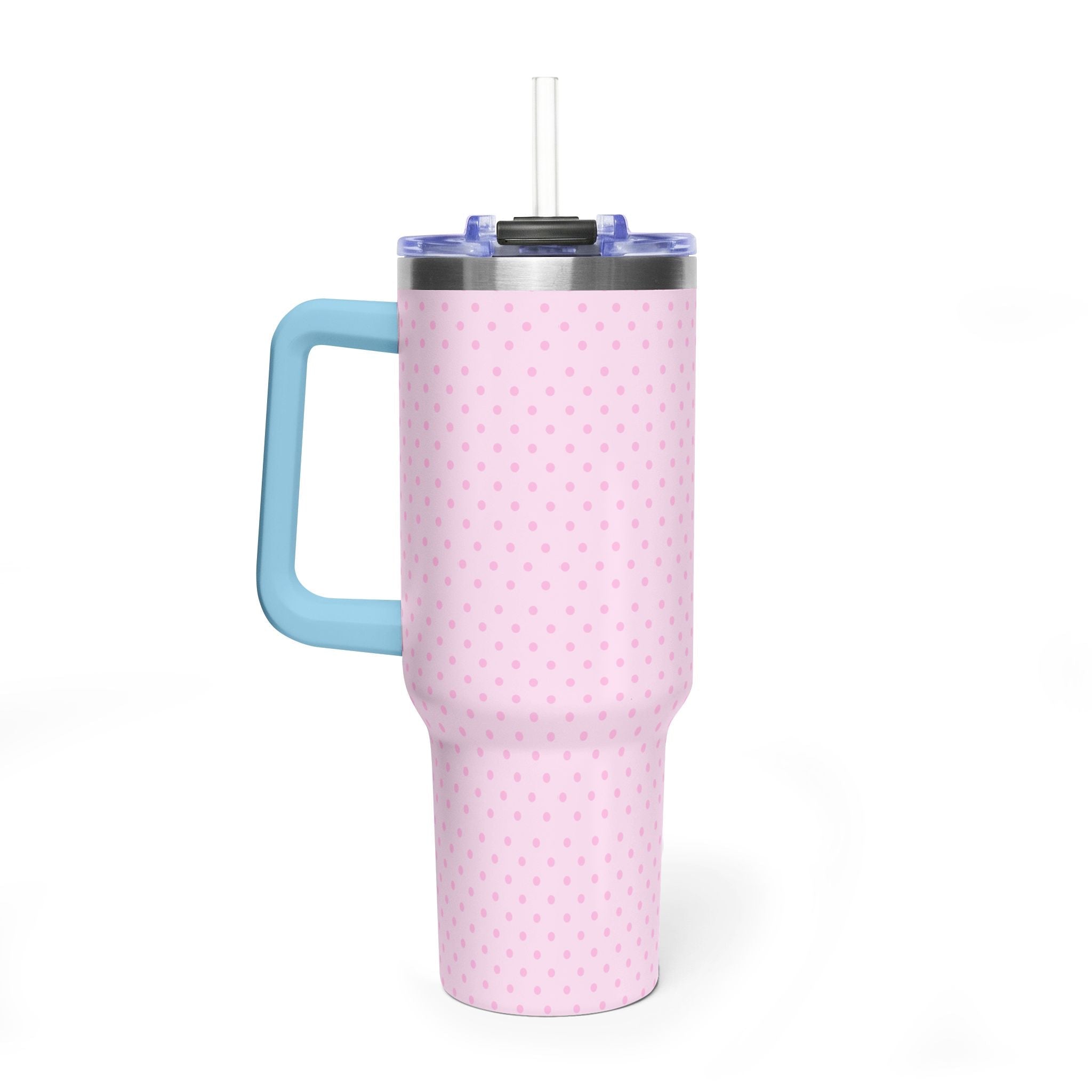 40oz tumbler, light pink polka dots and blue handle with clear lid and drinking straw