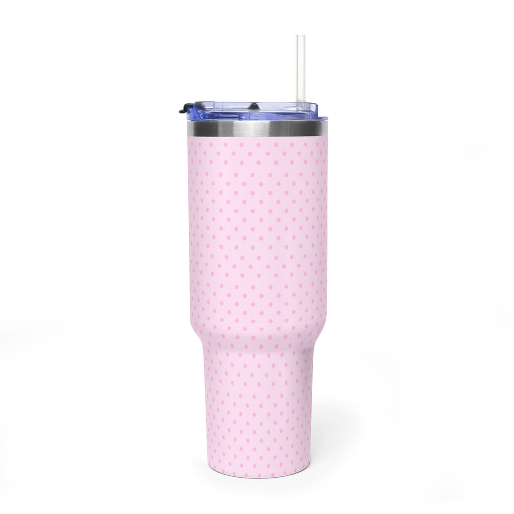 40oz stainless tumbler, light pink polka dot wrap with blue rim and clear straw lid
