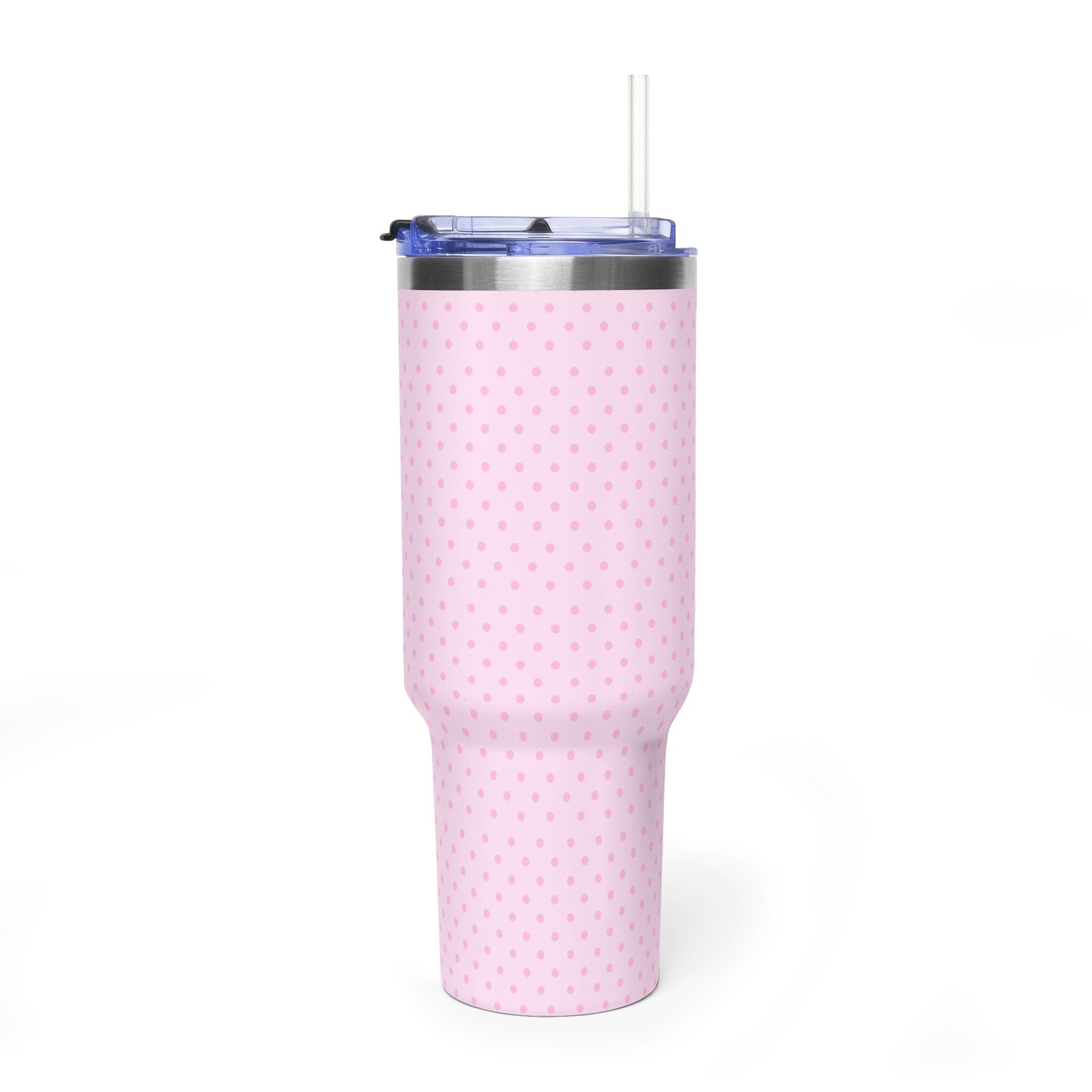 40oz stainless tumbler, light pink polka dot wrap with blue rim and clear straw lid